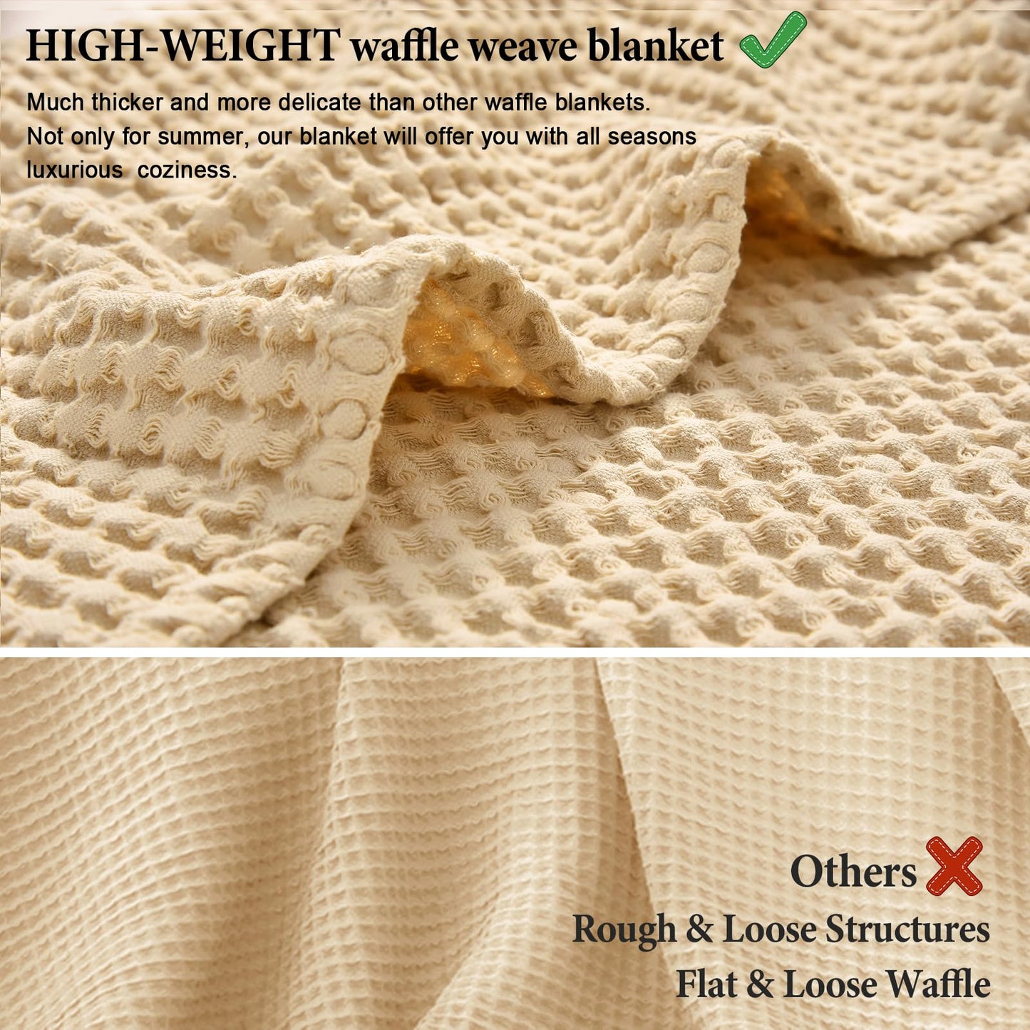 PHF 400GSM 100% Washed Cotton Waffle Weave Blanket, Cozy Breathable Skin-Friendly Throw King Size for All Season, Luxury Fall Layer Bedspread for Couch Bed Sofa, Elegant Home Decor,Beige,104"x90"