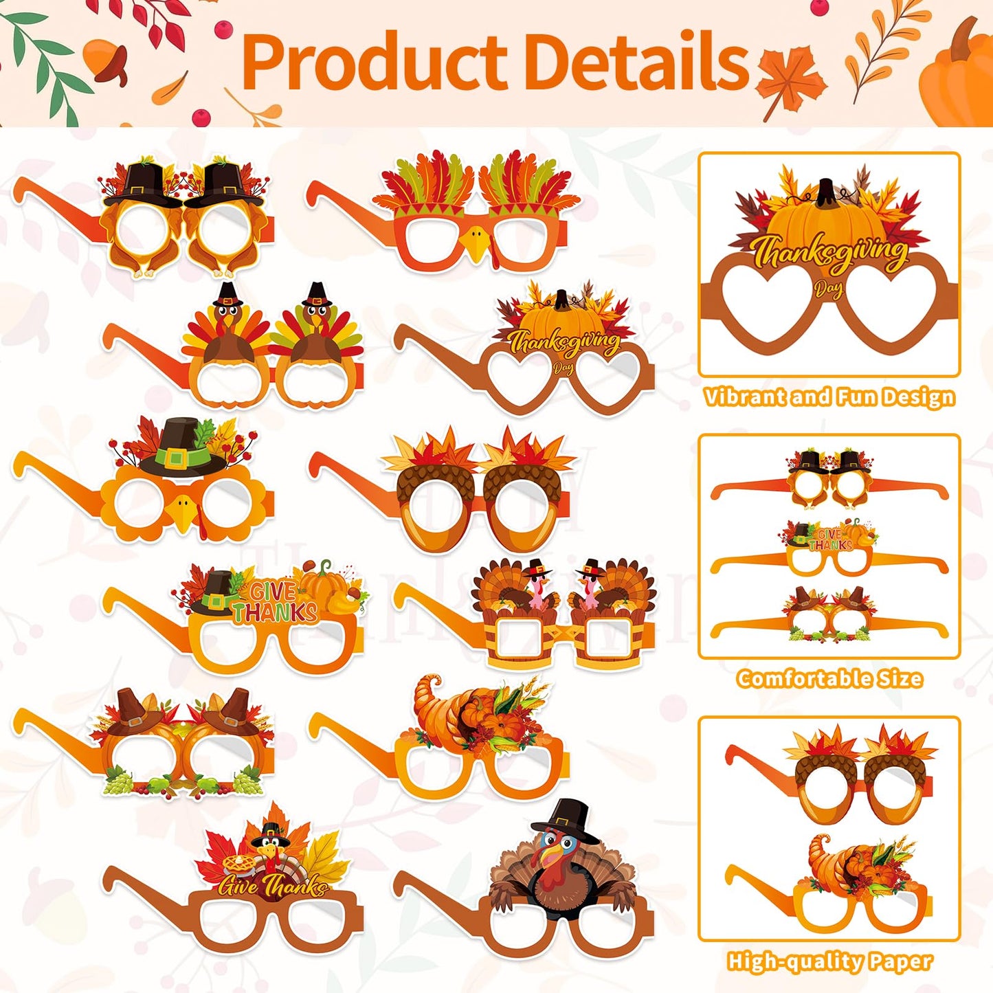 Jremreo 12 Pieces Thanksgiving Paper Glasses, Festival Fall Eyewear with Turkey and Autumn Designs for Holiday Photo Booth Props, Party Favors, and Thanksgiving Day Celebrations for Adults and Kids
