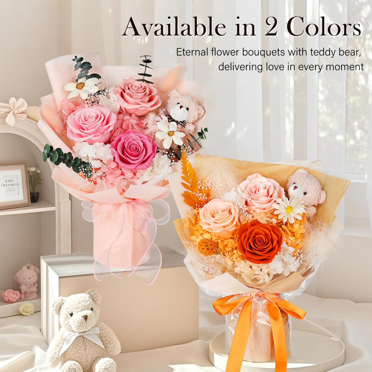Preserved Flowers Bouquet with Bear, 3 Real Forever Flowers for Delivery, Long-Lasting Pink Eteranl Roses Bouquet, Mothers Day Gifts for Mom Grandma, Anniversary Birthday Gifts for Women Girlfriend
