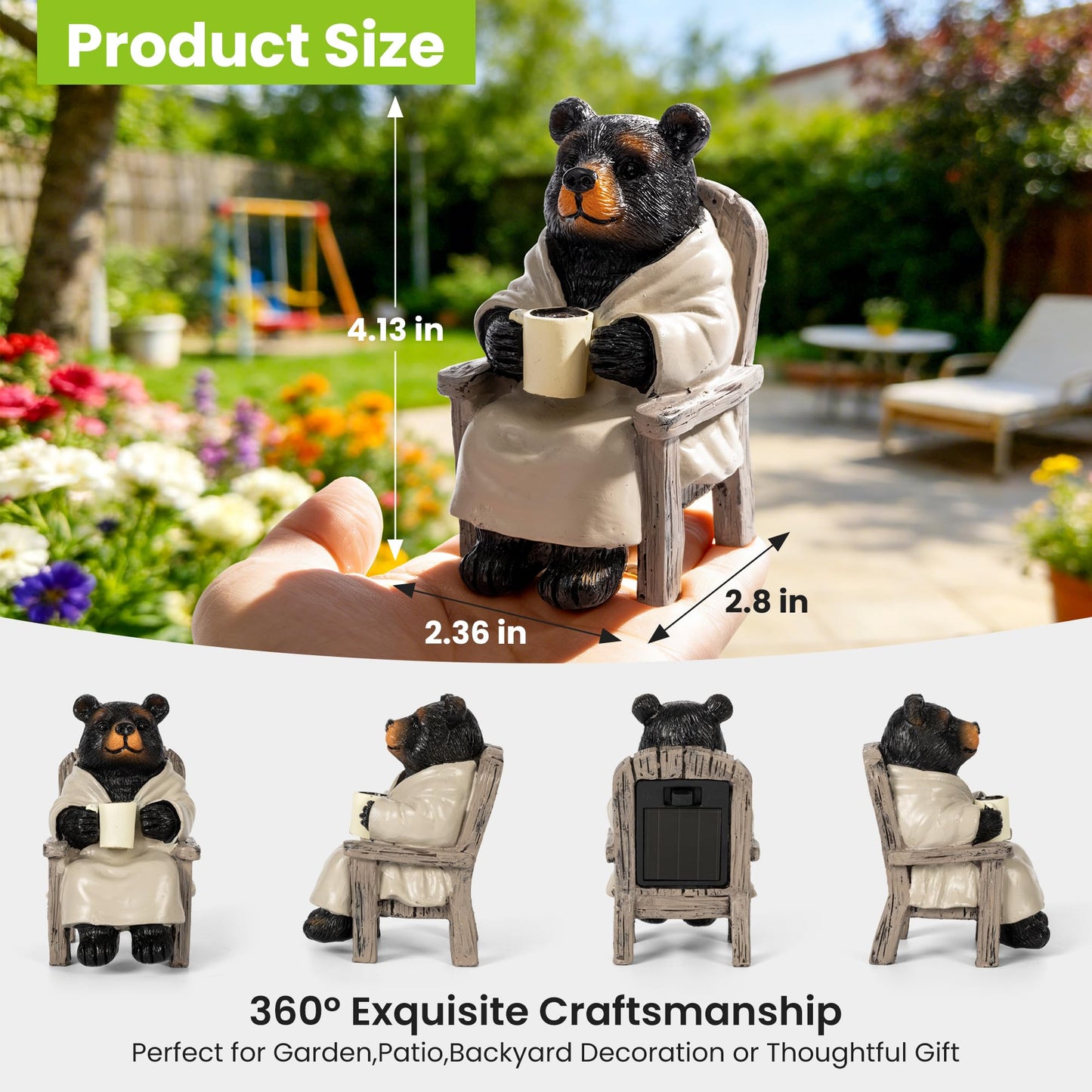 SOWSUN Miniature Garden Statue, Solar Black Bear Decoration with Light, Outdoor Decor for Patio Yard Lawn Balcony, Christmas/Birthday Gift for Mom Women