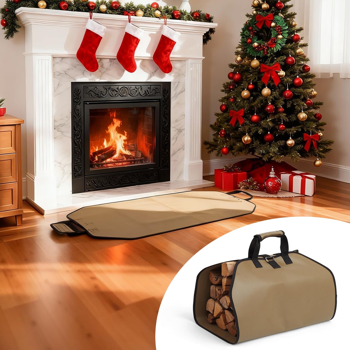 PAWBOSE Fireproof Fireplace Mat Hearth Rug and Firewood Carrier Firewood Bag, Great Gift for Cabin, Large Fire Wood Sling Carrier with Handles, Protect Floors Carpets from Sparks Embers-Tan