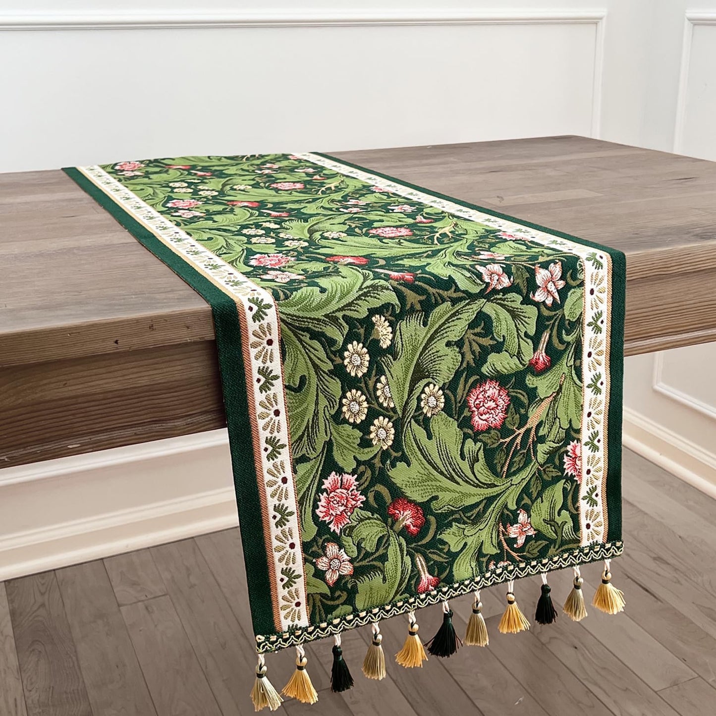 QGenuine Floral Table Runner with Tassel Edges, Cotton Blend Decorative Runner for Dining Table, Spring Table Decor