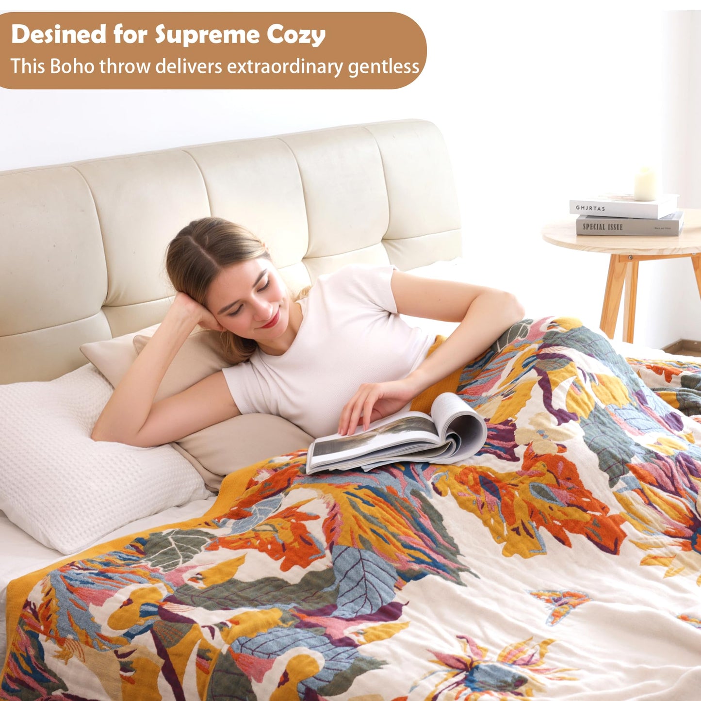 VANJOROY Boho Throw Blanket, 100% Organic Cotton Ultra Soft 50" x 60" Throw for Couch and Bed - Skin-Friendly Embroidery Cozy All Season Rustic Floral Decor Chair Blanket -Beige