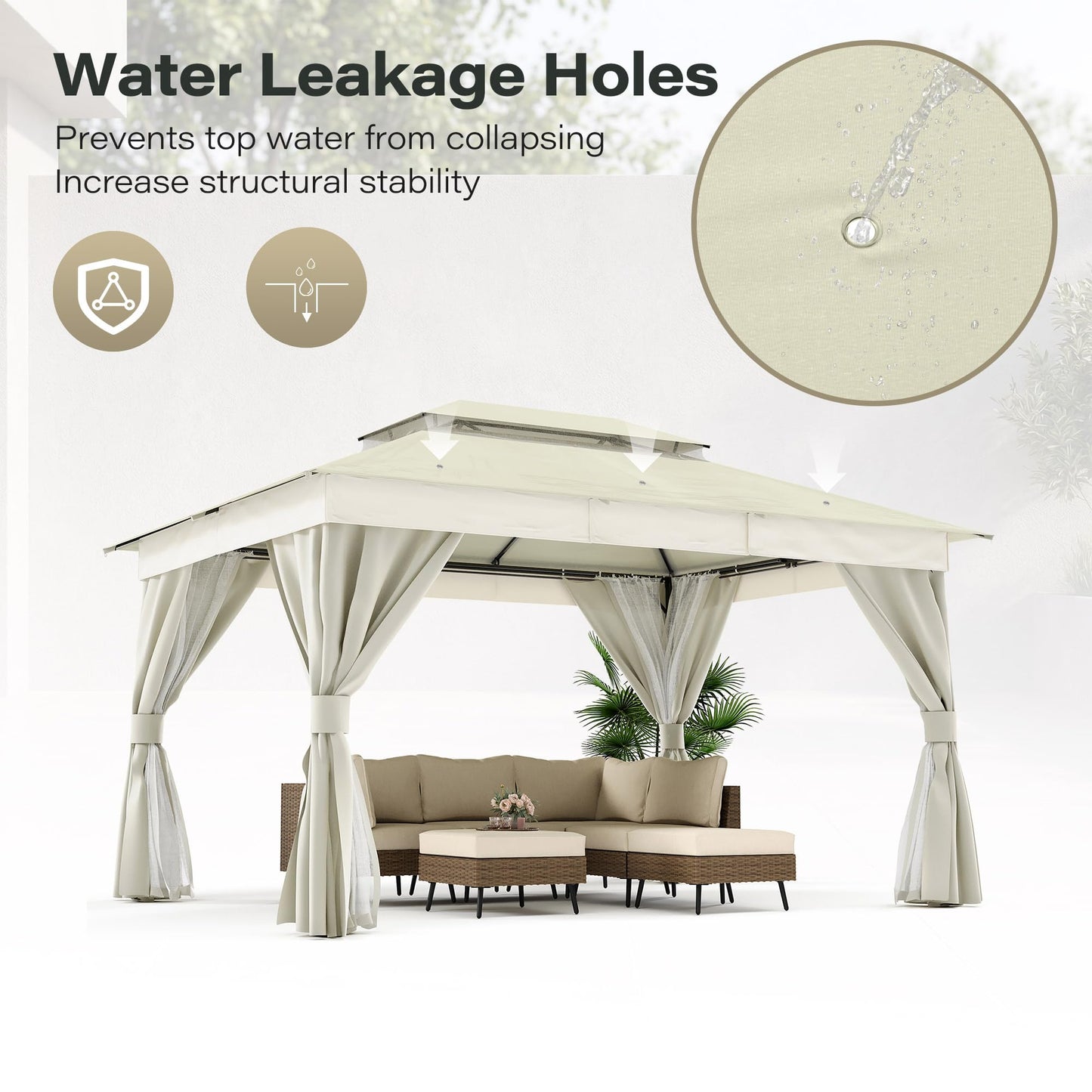 EO Living 10' x 13' Outdoor Patio Gazebo, Heavy-Duty Galvanized Steel Frame with Double-Tier Roof, Mosquito Netting & Privacy Curtains for Backyard, Patio & Lawn, Cream White