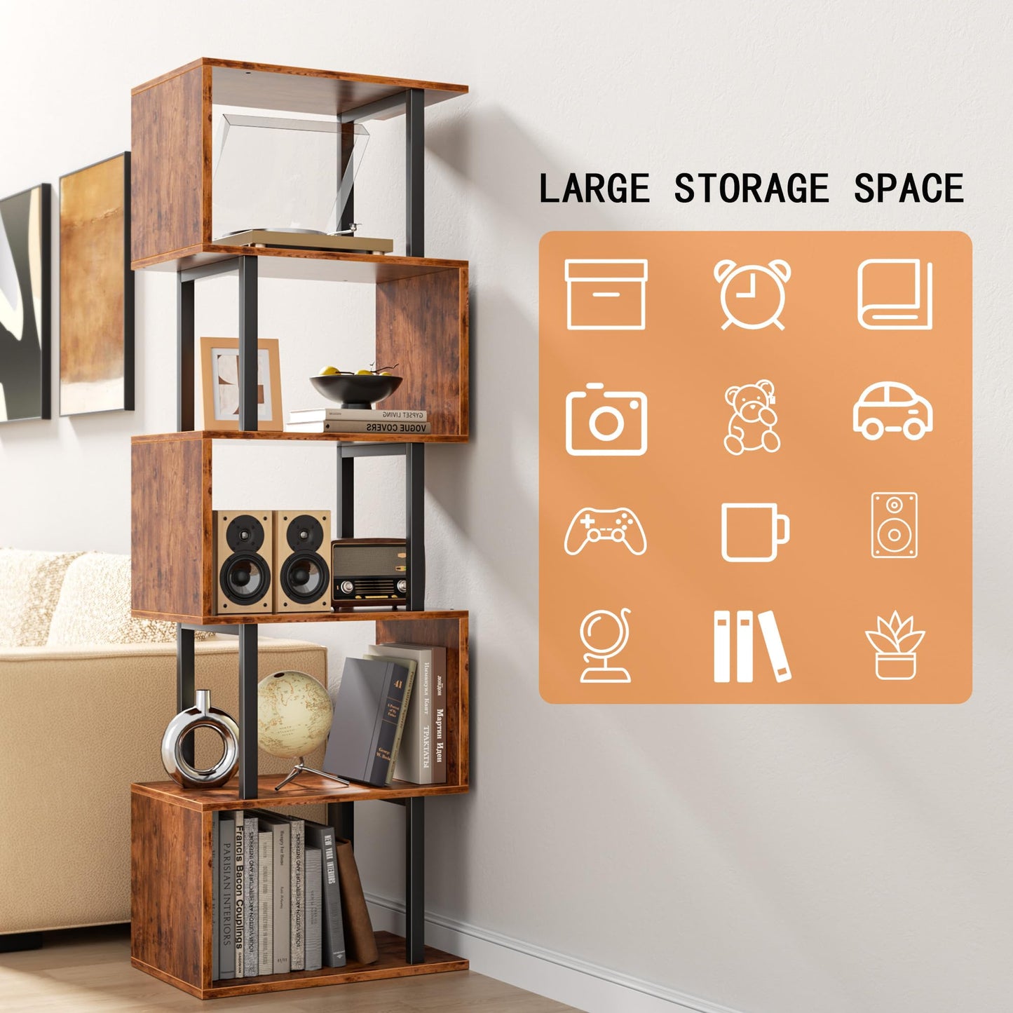 Furologee 6 Tier Bookshelf, Tall S Shaped Geometric Bookcase, Modern Display Shelf Standing Unit, Wood Metal Decorative Divider Rack for Living Room Bedroom Office, Rustic Brown