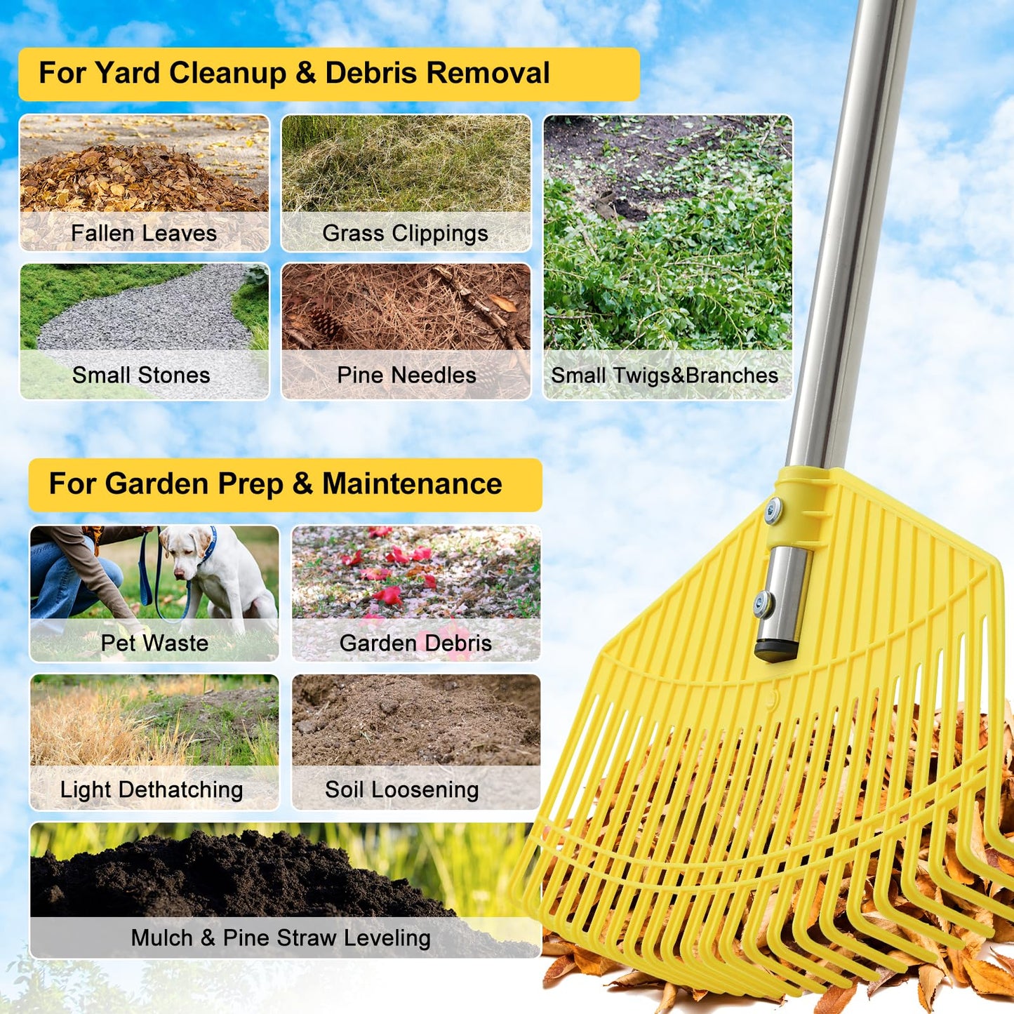 Lightweight Leaf Rake for Lawns - Anti-Break Nylon Plastic Head,Easy Yard & Garden Rake for Women,Seniors,Kids, 16.5" Wide for Leaves, Grass,Pine Needles,Gardening,Adjustable 35–65" Long Handle