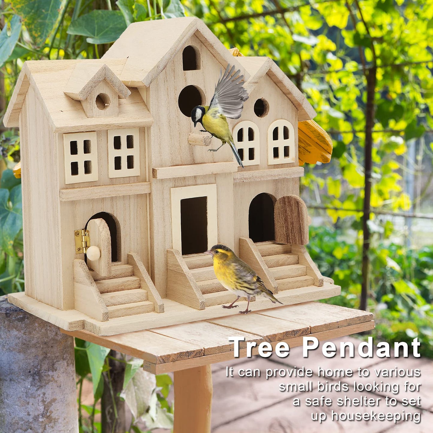 Lyfreen Paulownia Wood Bird House with Pole, Outdoor Hanging Birdhouse for Bluebirds, Wrens, Hummingbirds, Finches - Wooden Garden Bird House