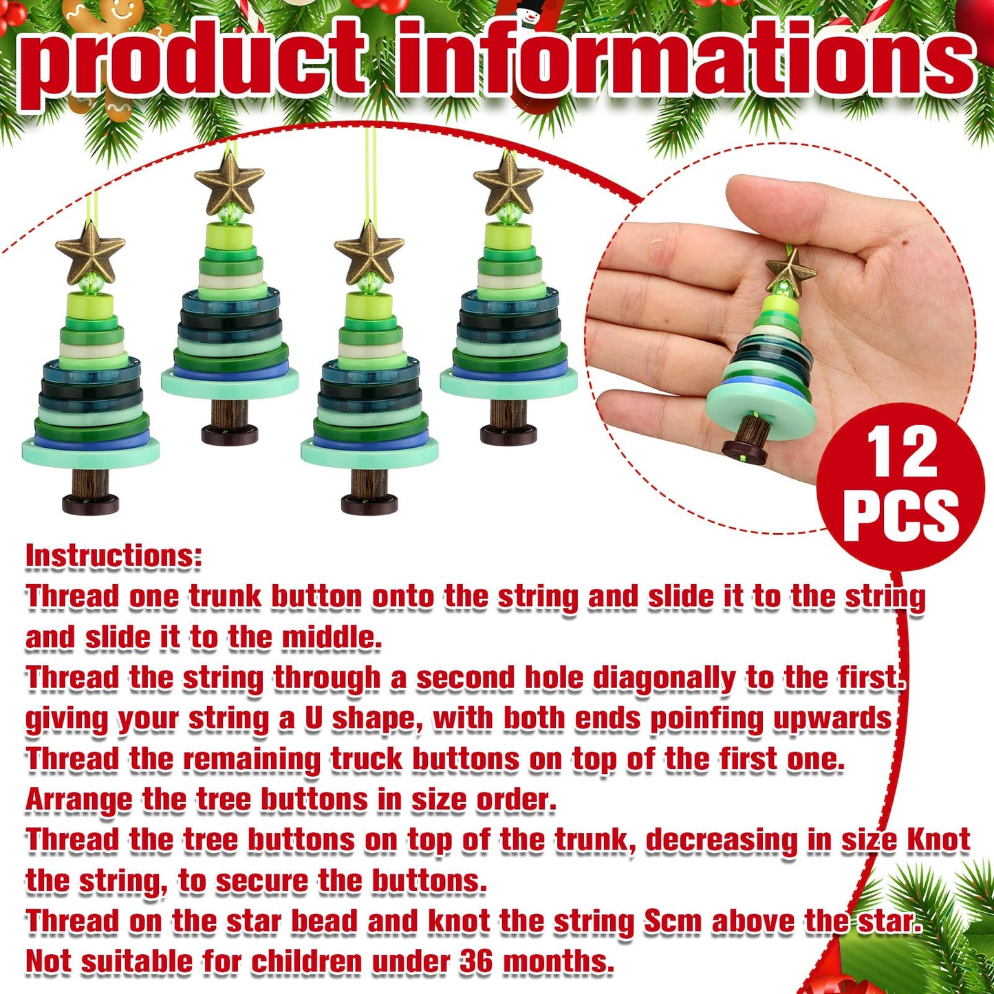 Soulchen 16 Sets Button Winter Ornament Kit Button Christmas Tree Craft DIY Green Hanging Ornament Kit for Home Winter Holiday Party Decoren