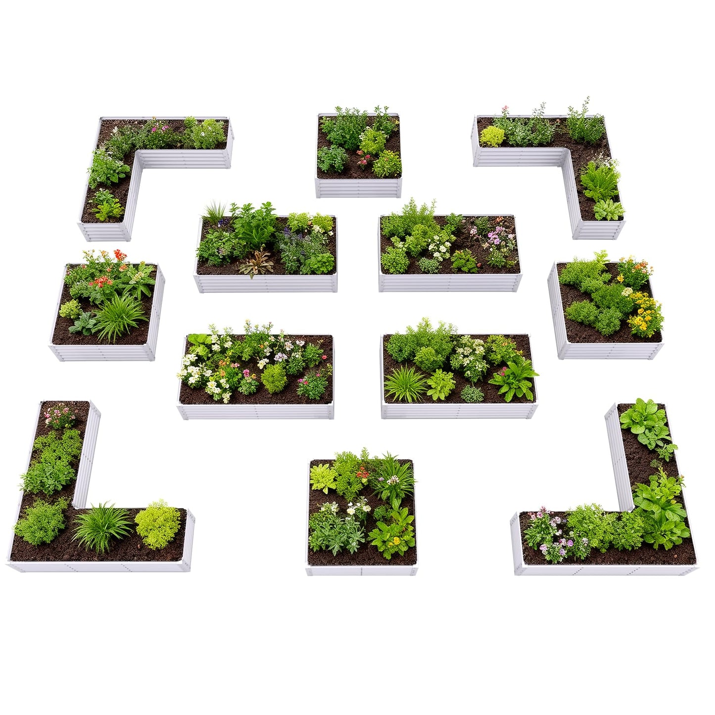 A ANLEOLIFE Set of 12 18 Inch Tall Raised Garden Beds Kit, L-Shaped, Square & Rectangular Metal Planters for Flexible Backyard Layouts, Antique White