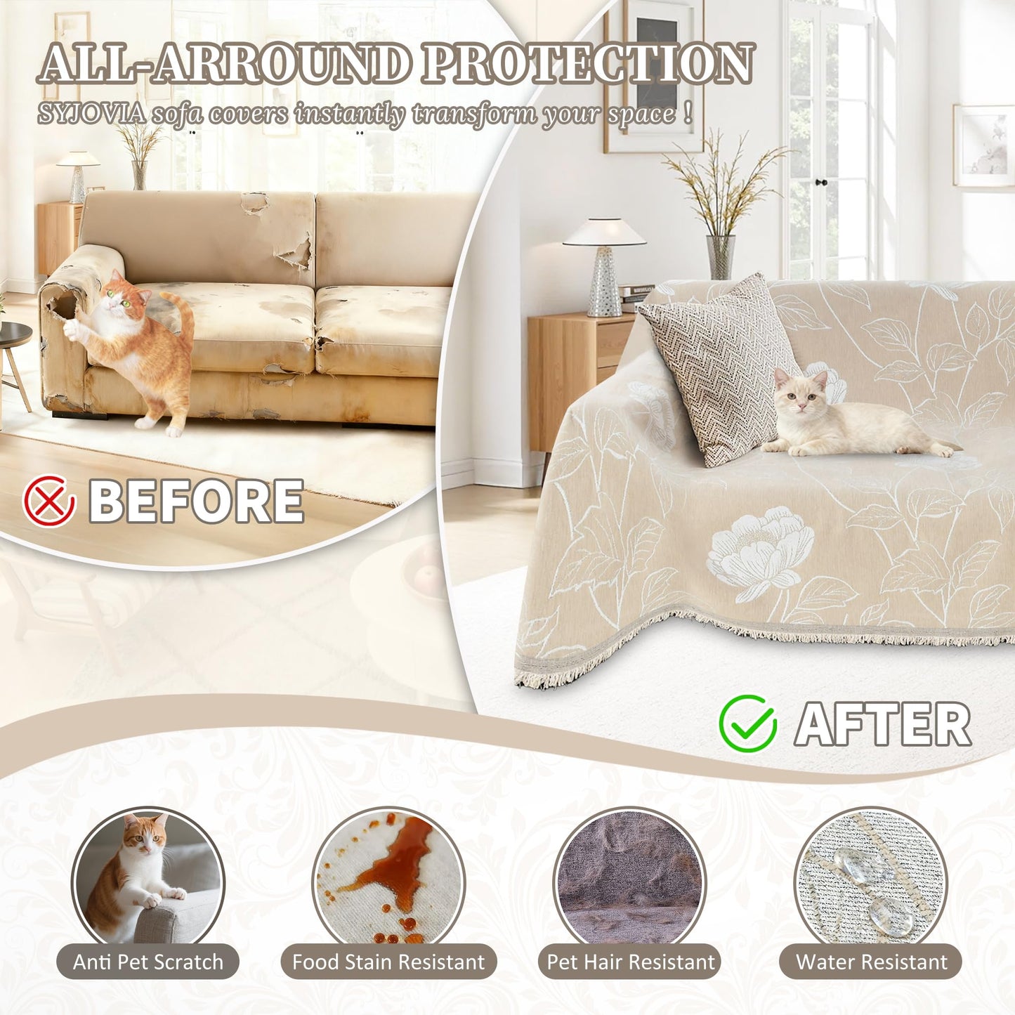 SYJOVIA 1OO% Waterproof Sectional Couch Covers for Dogs L Shaped Corner Sofa Cover Washable Chenille Sofa Slipcovers Blanket Modern Jacquard Pet Furniture Protector (91"x252", Beige Flower)