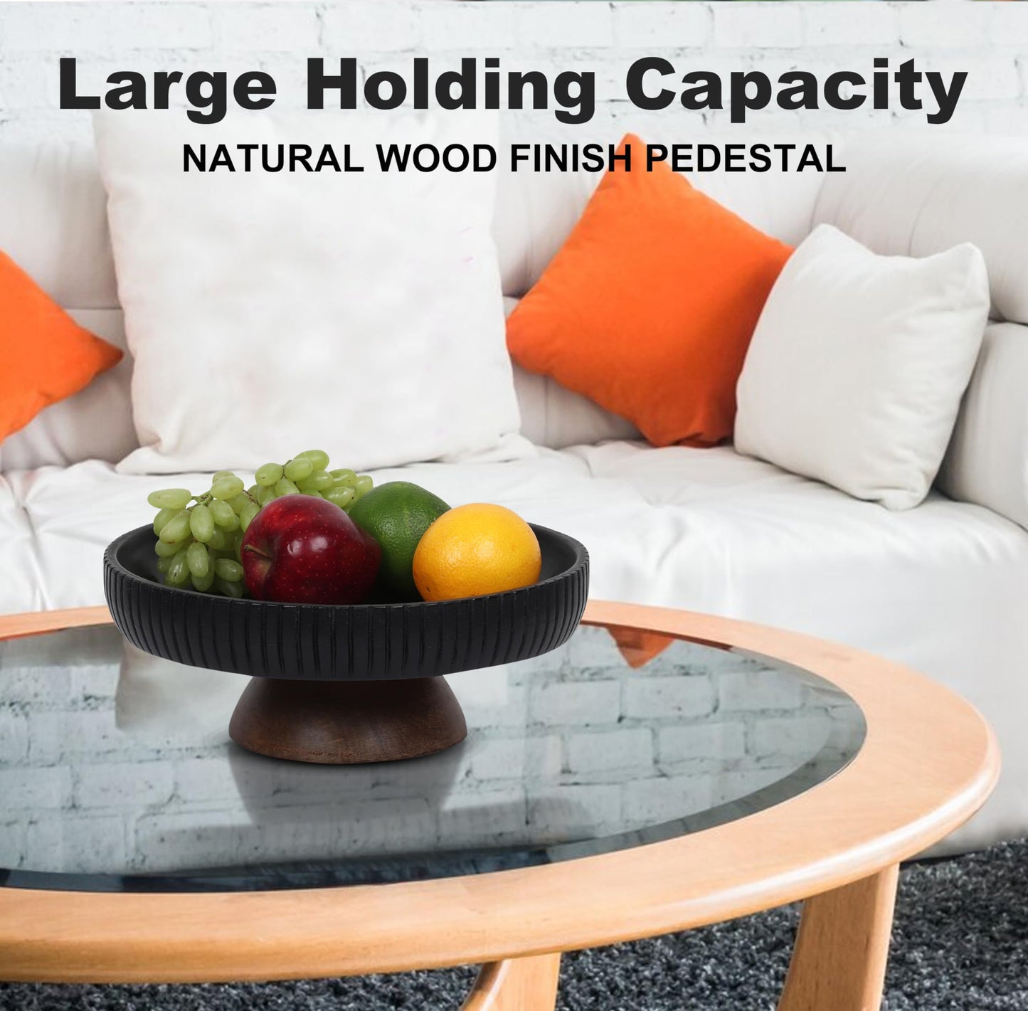 LAVAUK Mango Wood fruit bowl, Decorative black bowl with natural finish pedestal | 12" dia | Dual tone look | Use as Centerpiece for kitchen counter or dining table (Black)