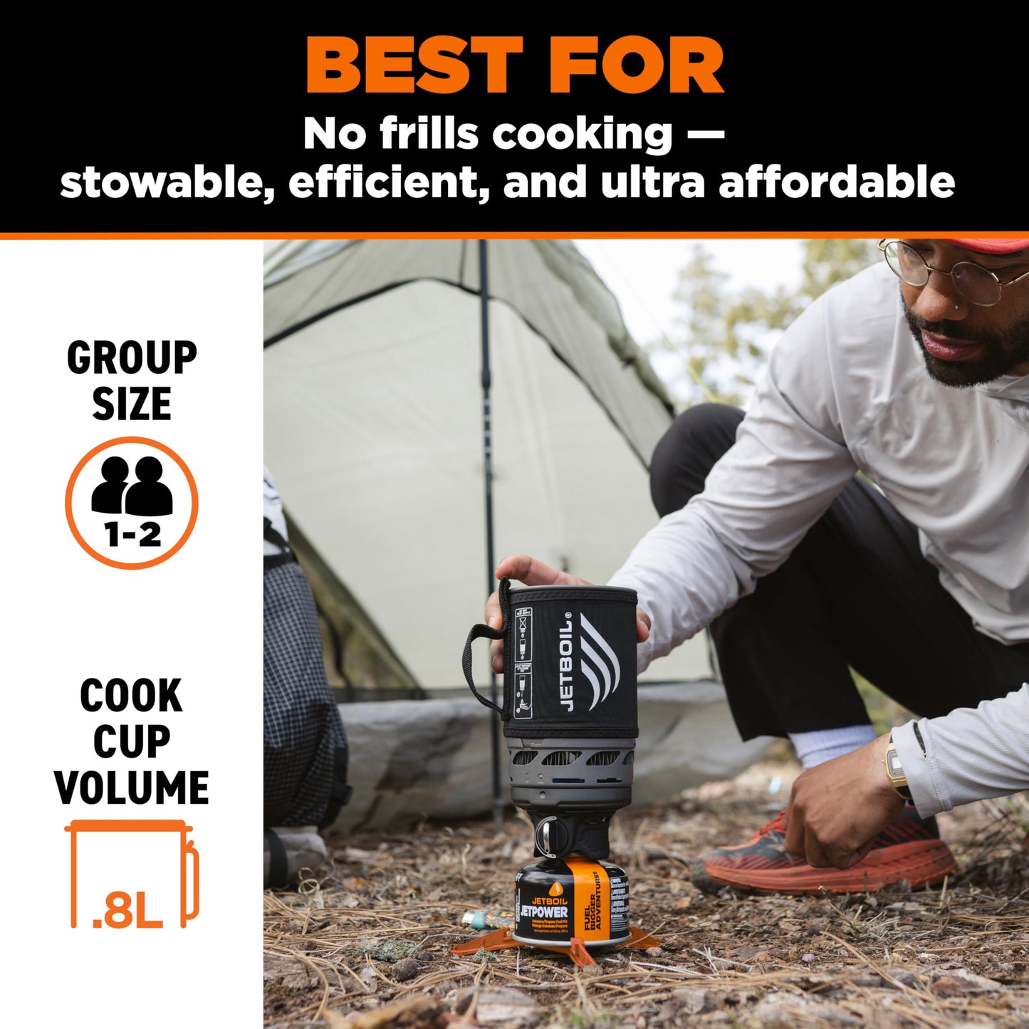 Jetboil Zip 0.8L Portable Fast Boil Stove with Easy-Turn Knob Igniter for Backpacking and Camping, Propane/Isobutane Burner with Cooking Cup, Carbon