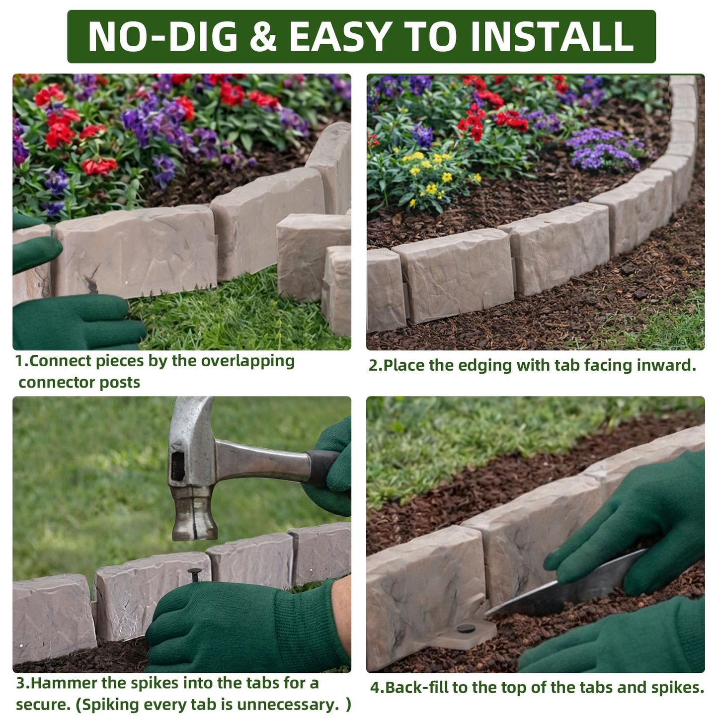 Landscape Edging Faux Stone Garden Edging Border,17FT x 2.75 in Tall Decorative Stone-Look Garden Border for Flower Bed Edging,Lawn,Landscaped Yard,Trees and Gardens,with Anchoring Spikes,Brown