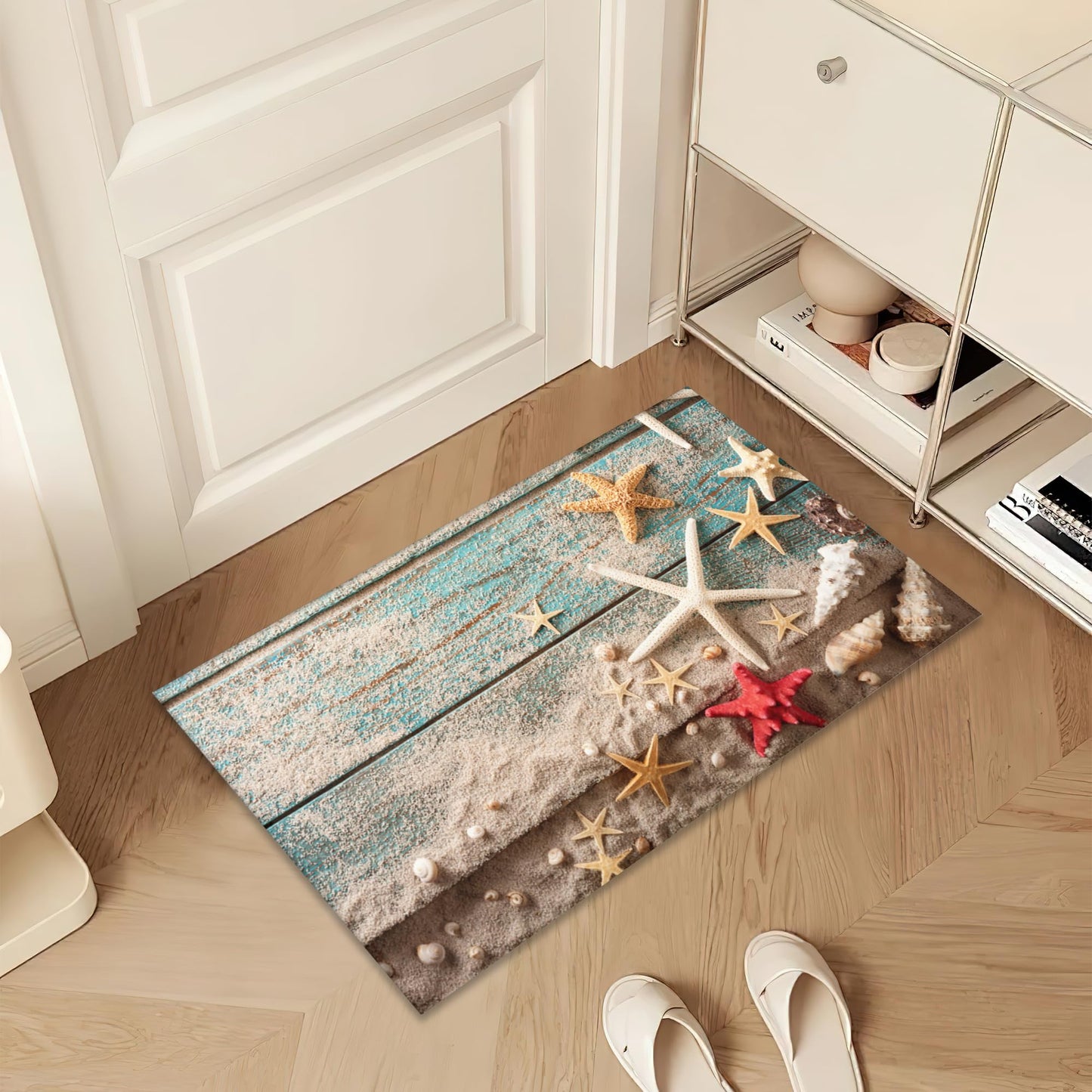 Door Mat,Beach Seashell Starfish Front Doormats 17''x30'',Blue Wooden Indoor Outdoor Entrance Welcome Mat,Low-Profile Floor Rugs for Entry Patio