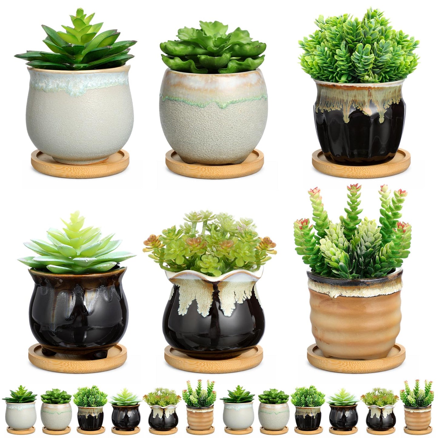 Remerry 12 Pcs Small Succulent Pots Bulk with Drainage Assorted 3.5 Inch Mini Ceramic Succulent Planters Pot with Coaster Bamboo Plant Tray Planting Pots for Home Office Garden