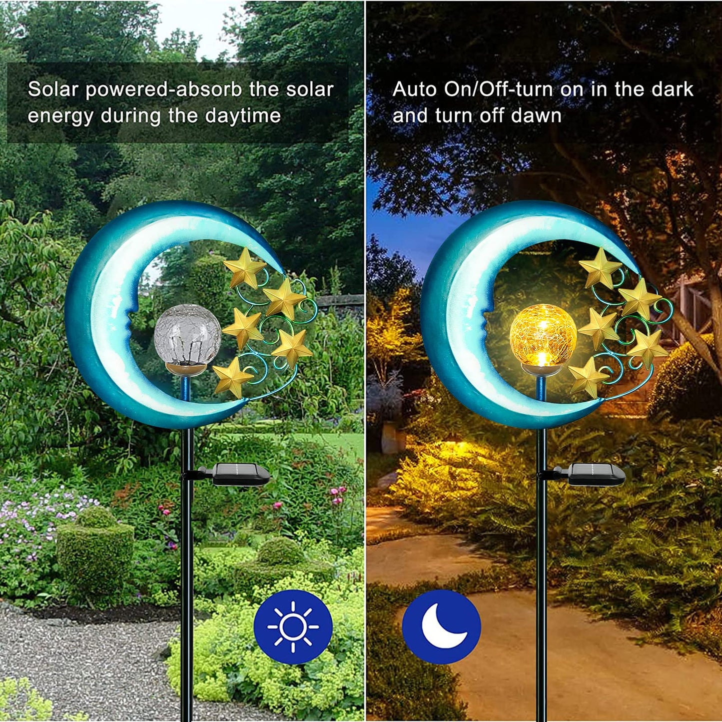 EPROSMIN Stars Moon Solar Lights Outdoor - Solar Powered Garden Lights Decorative Crackle Glass Globe Led Waterproof Landscape Lighting for Pathway,Yard,Lawn,Patio