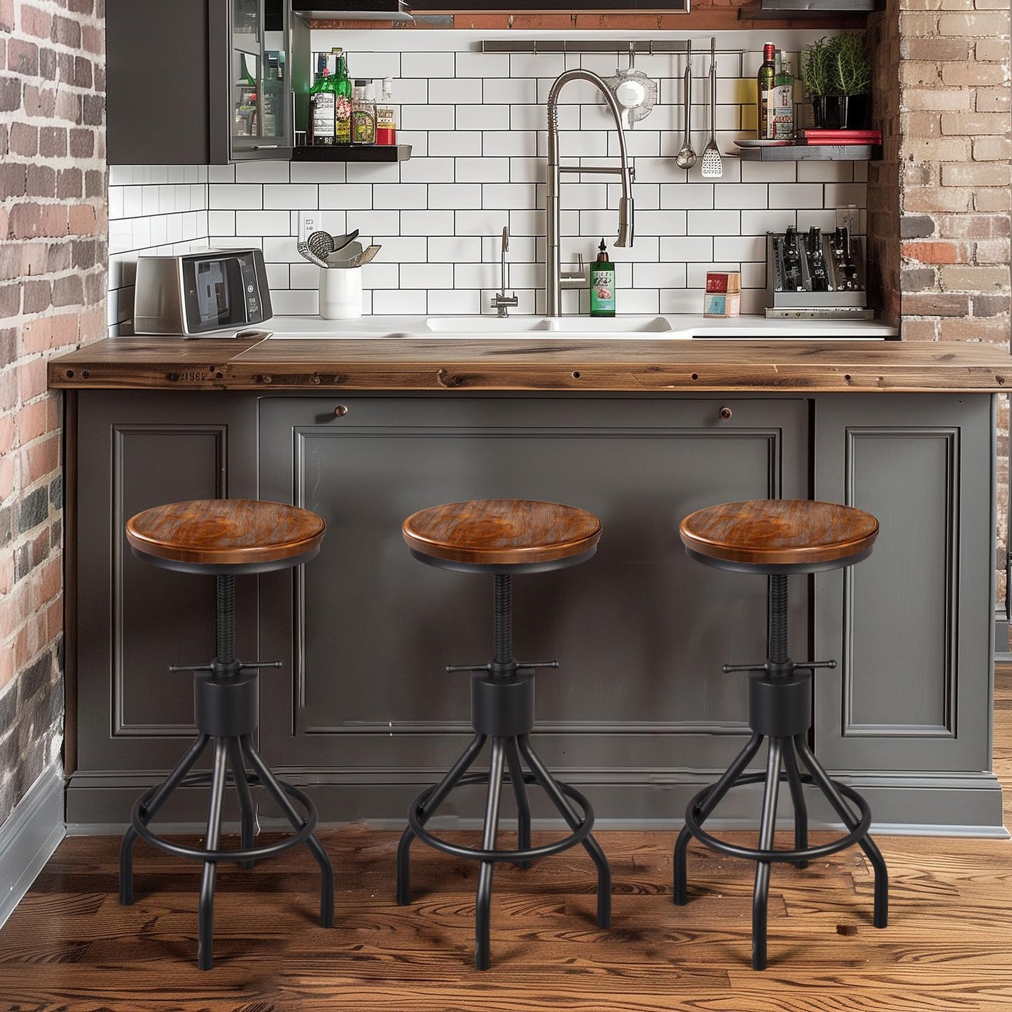 LOKKHAN Set of 2 Industrial Bar Stool-Height Adjustable Swivel Wood and Metal Bar Stool,Farmhouse Stool,Extra Tall Pub Height,23"-29"