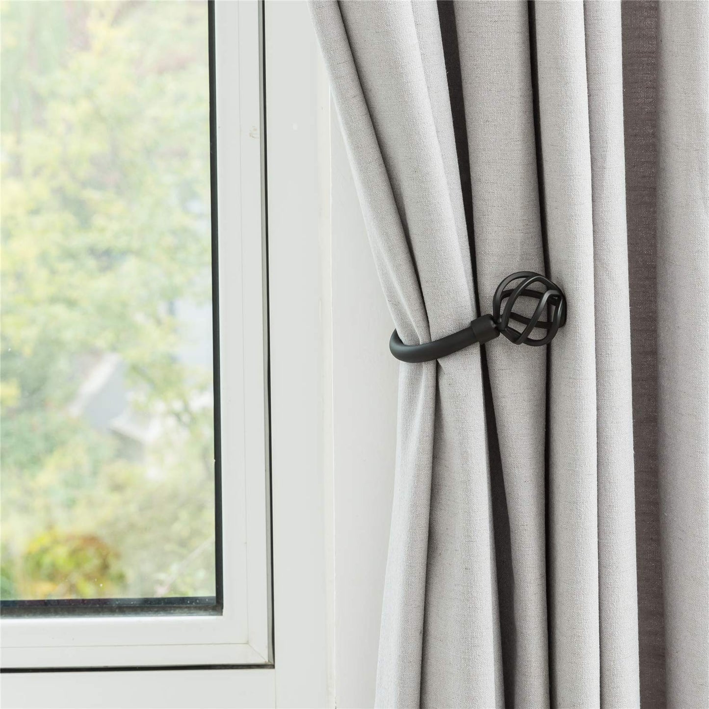HIKMLK Geometric Industrial Curtain Holdbacks 2pcs, Solid Cast Iron Heavy Duty Curtain Tiebacks for Wall, Side Holder Pull Back Hooks for Drapes Tie Back Home Window Decor (Matt Black)