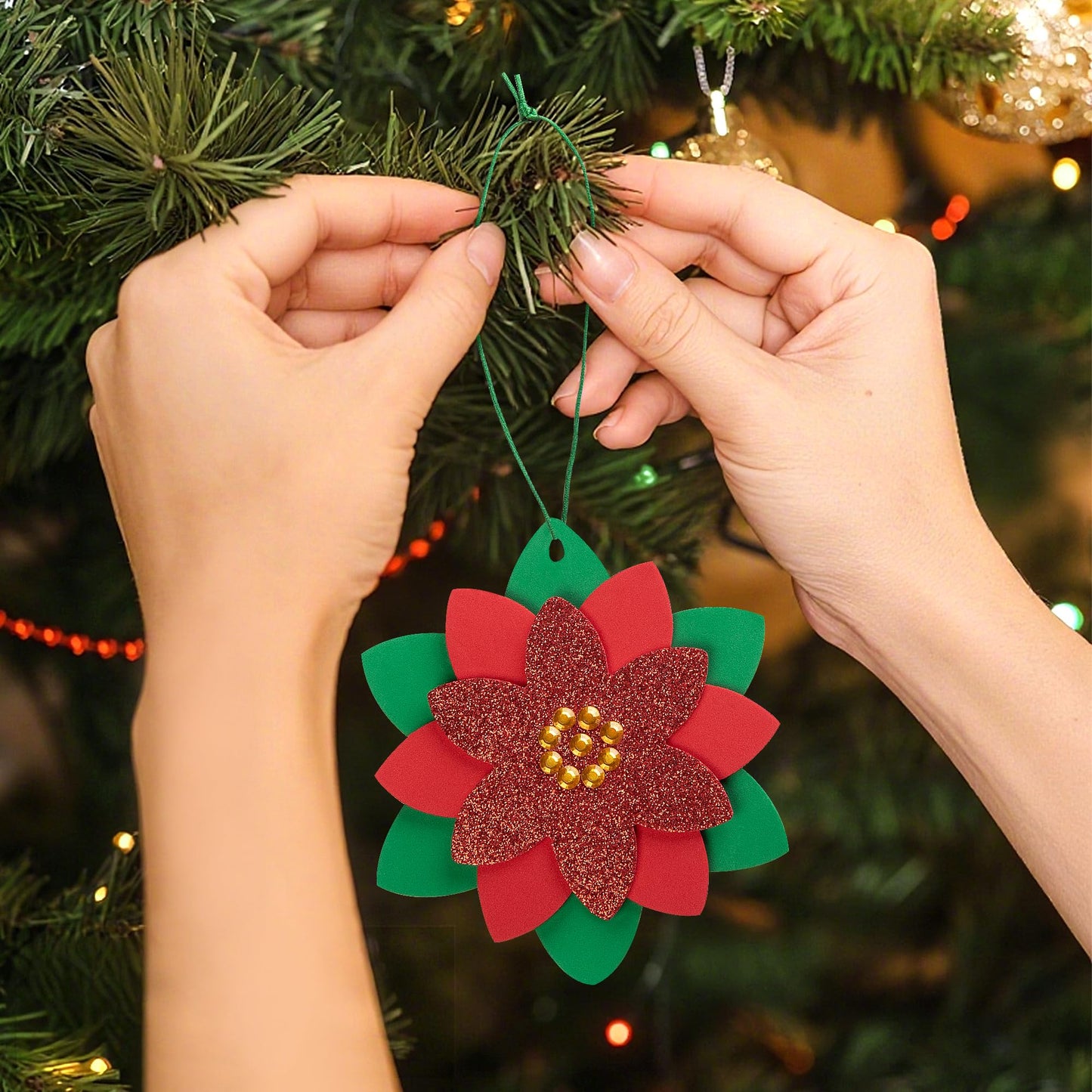 LFUTARI 15 Pcs Christmas DIY Poinsettia Flowers Craft, Foam Poinsettias Flower Ornaments, Christmas Glitter Red Flowers DIY Decoration for Holiday Home Party Tree Garland Wreath Porch Stair Decor
