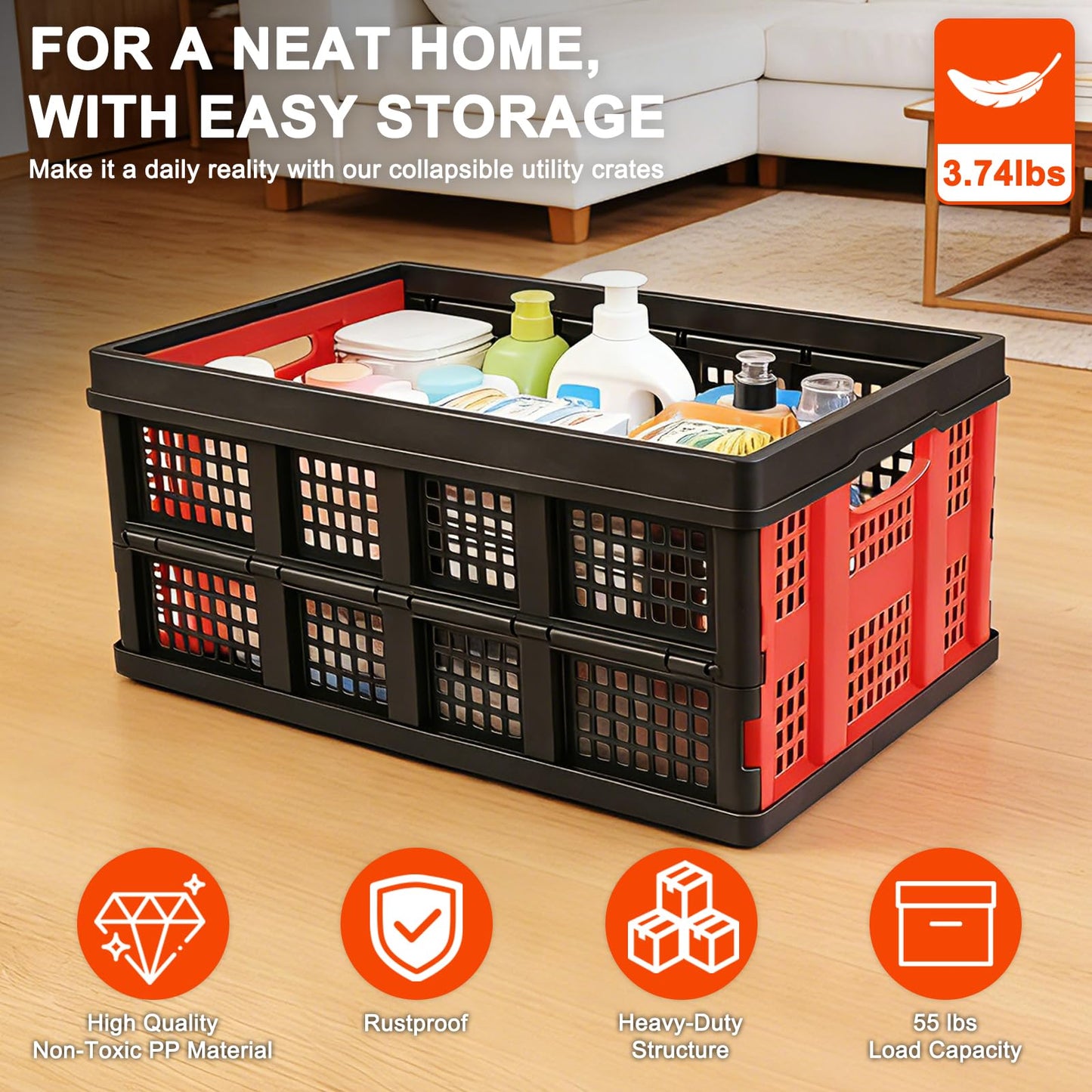 Shineyaplus 55L Collapsible Milk Crate for Storage, Plastic Crates 1 Pack, Collapsible 55lbs Heavy Duty Storage Crates for Home, Camping, Organizing
