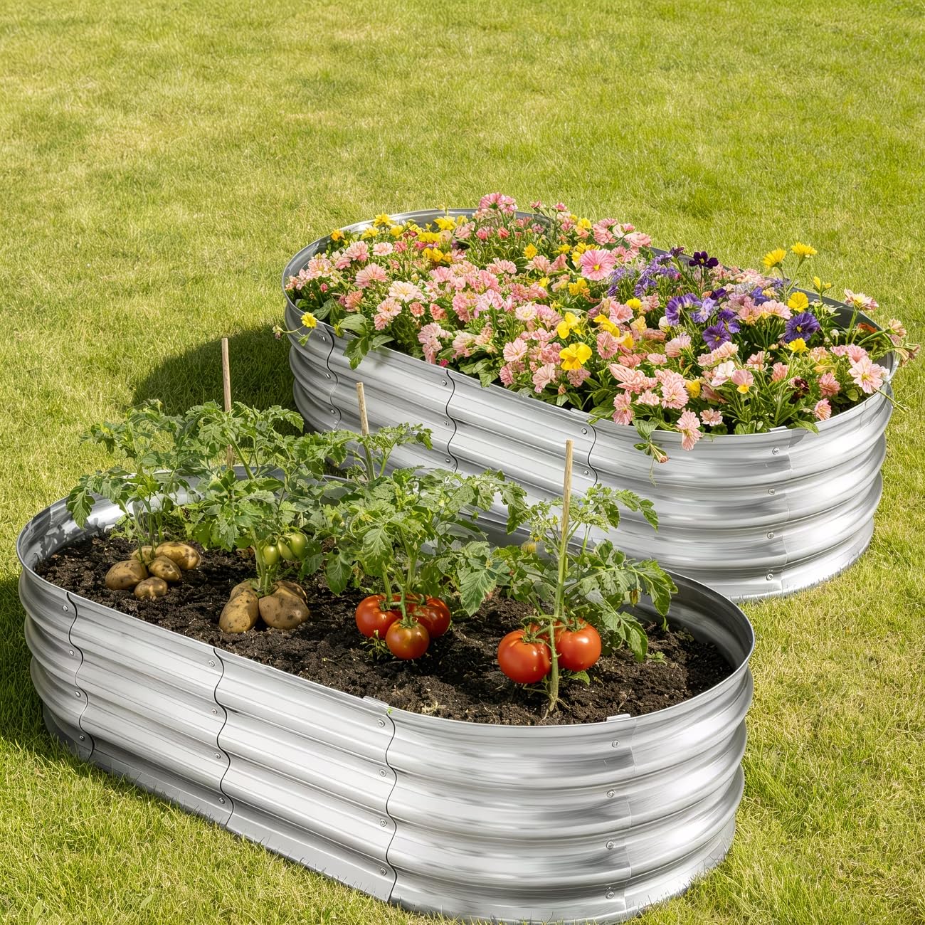 HGD Galvanized Raised Garden Bed Kit, Galvanized Planter Garden Boxes Outdoor, Oval Large Metal Raised Garden Beds for Vegetables & Flower (2 Pack)