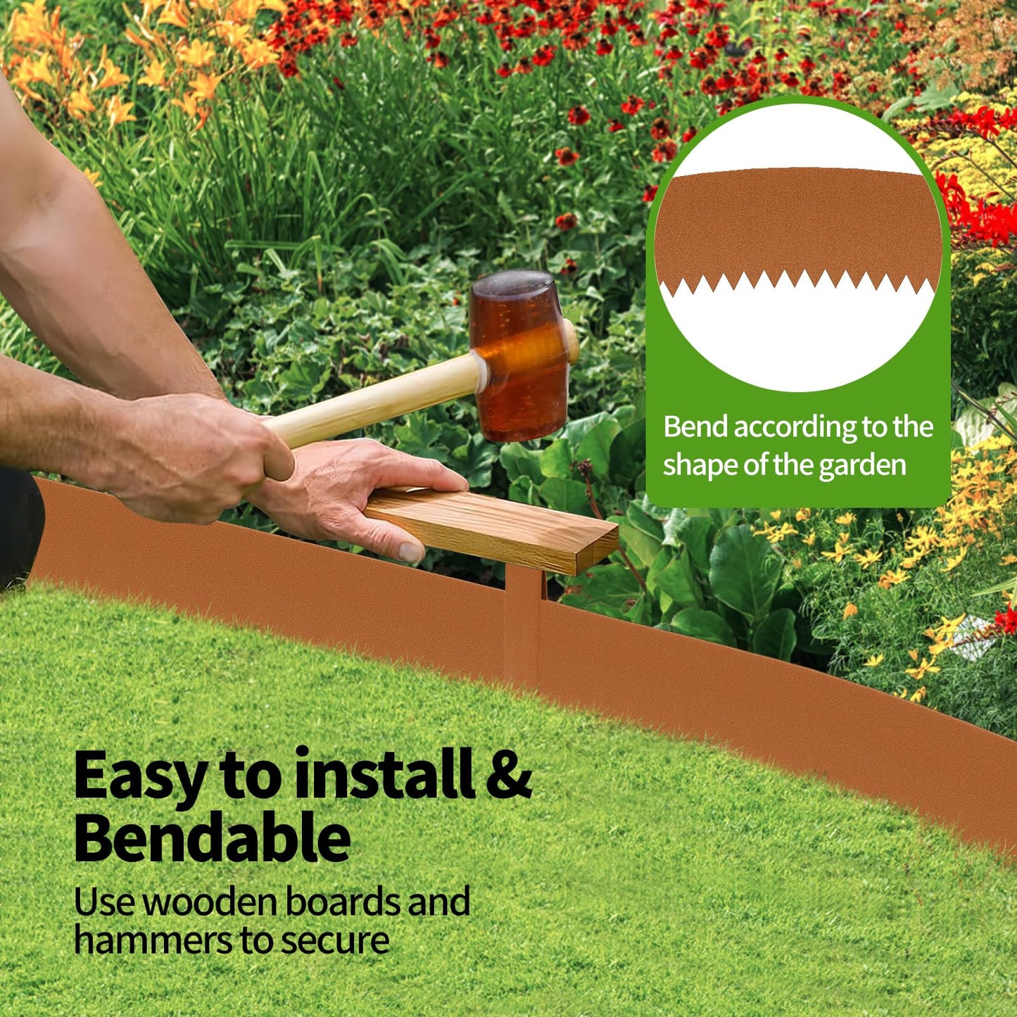 HONYTA Steel Landscape Edging, 40 x 8in Metal Landscape Edging, Hammer-in Bendable Metal Garden Edging Border Separator Strips, Heavy Duty Lawn Edging with 6 Clips Edge for Flower Bed Lawn Yard (20Ft)