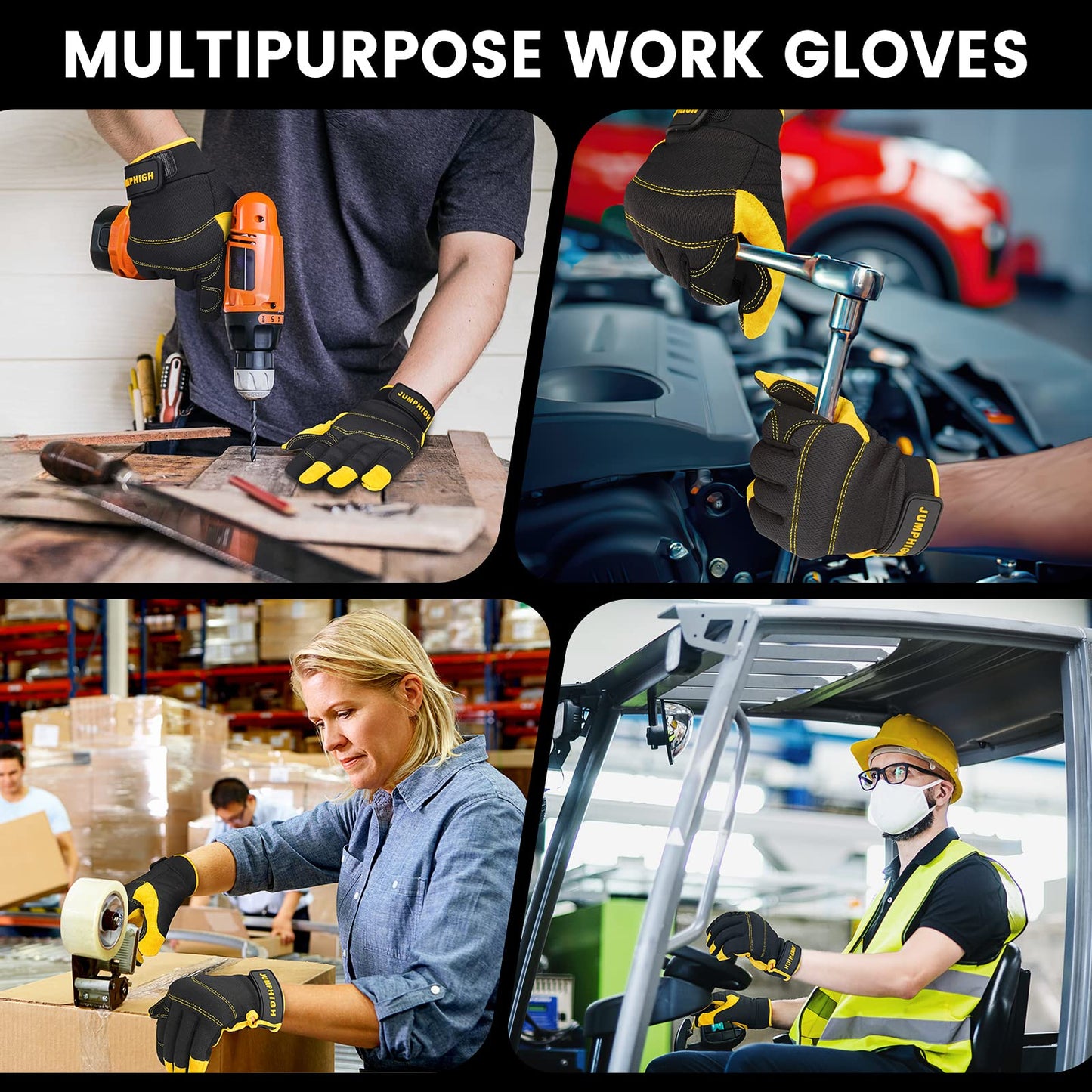 JUMPHIGH Safety Work Gloves, Men's Utility Mechanic Working Gloves for All Purpose, Touchscreen Compatible, Flexible Breathable Fit, Knuckles & Palm (M)