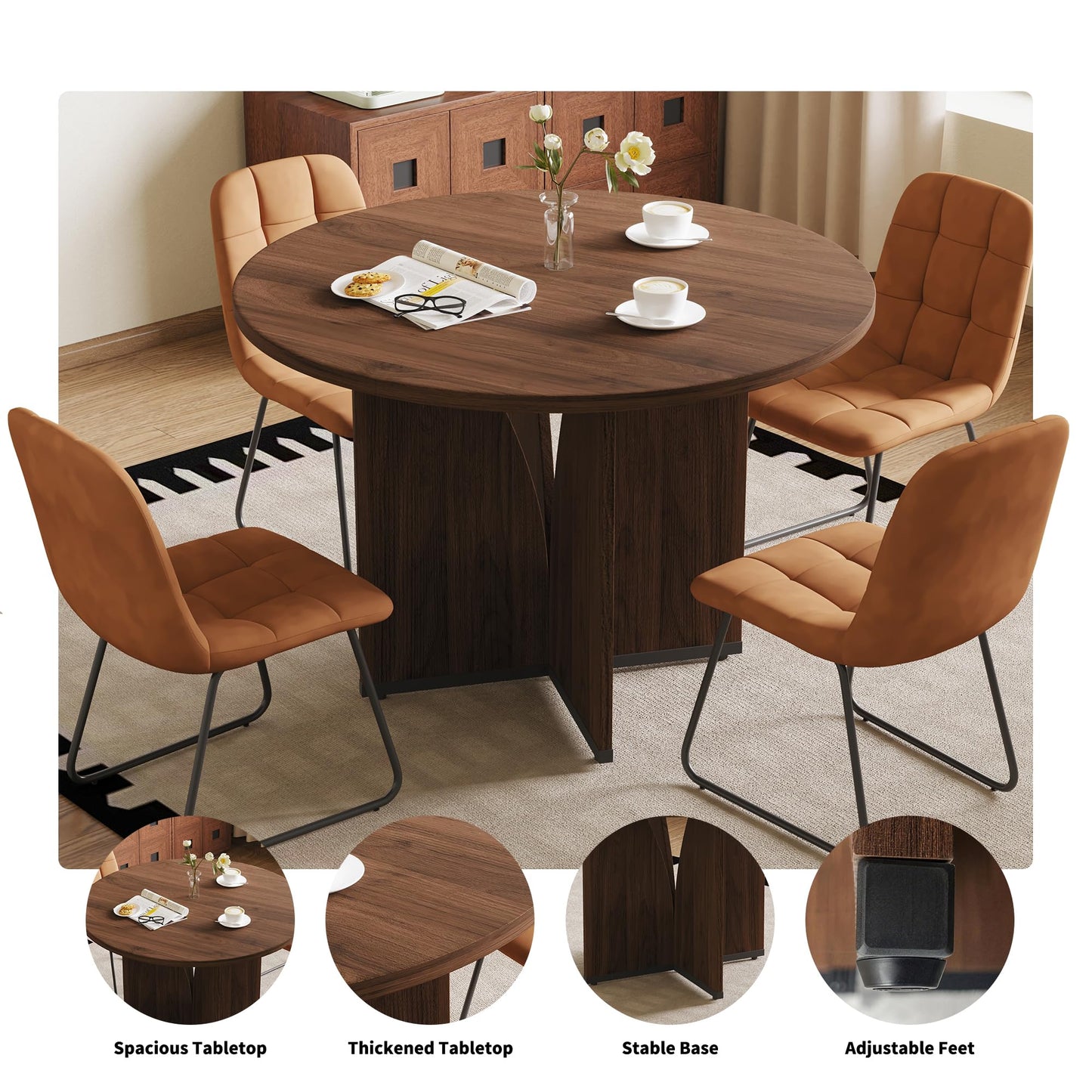 HIPIHOM Modern Round Dining Table Set for 4, 39.4" Walnut Kitchen Table with 4 PU Leather Chairs, 5-Piece Mid-Century Dining Room Set for Small Spaces, Pedestal Base