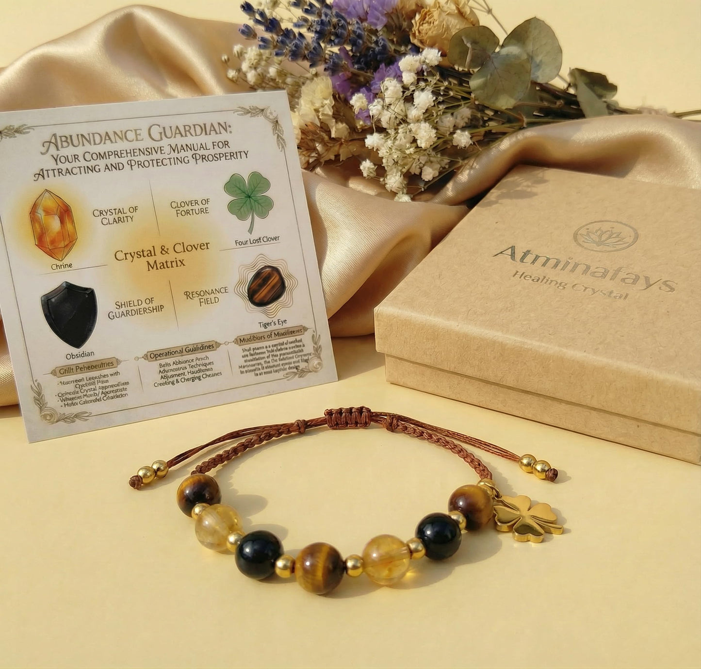 Atminafays Abundance Money Bracelet - Wealth & Luck Guardian Crystal Bracelet | 8mm AAA+ Genuine Citrine, Tiger Eye & Obsidian | Adjustable Feng Shui bracelet for Men & Women | Manifestation Jewelry for Yoga & Meditation