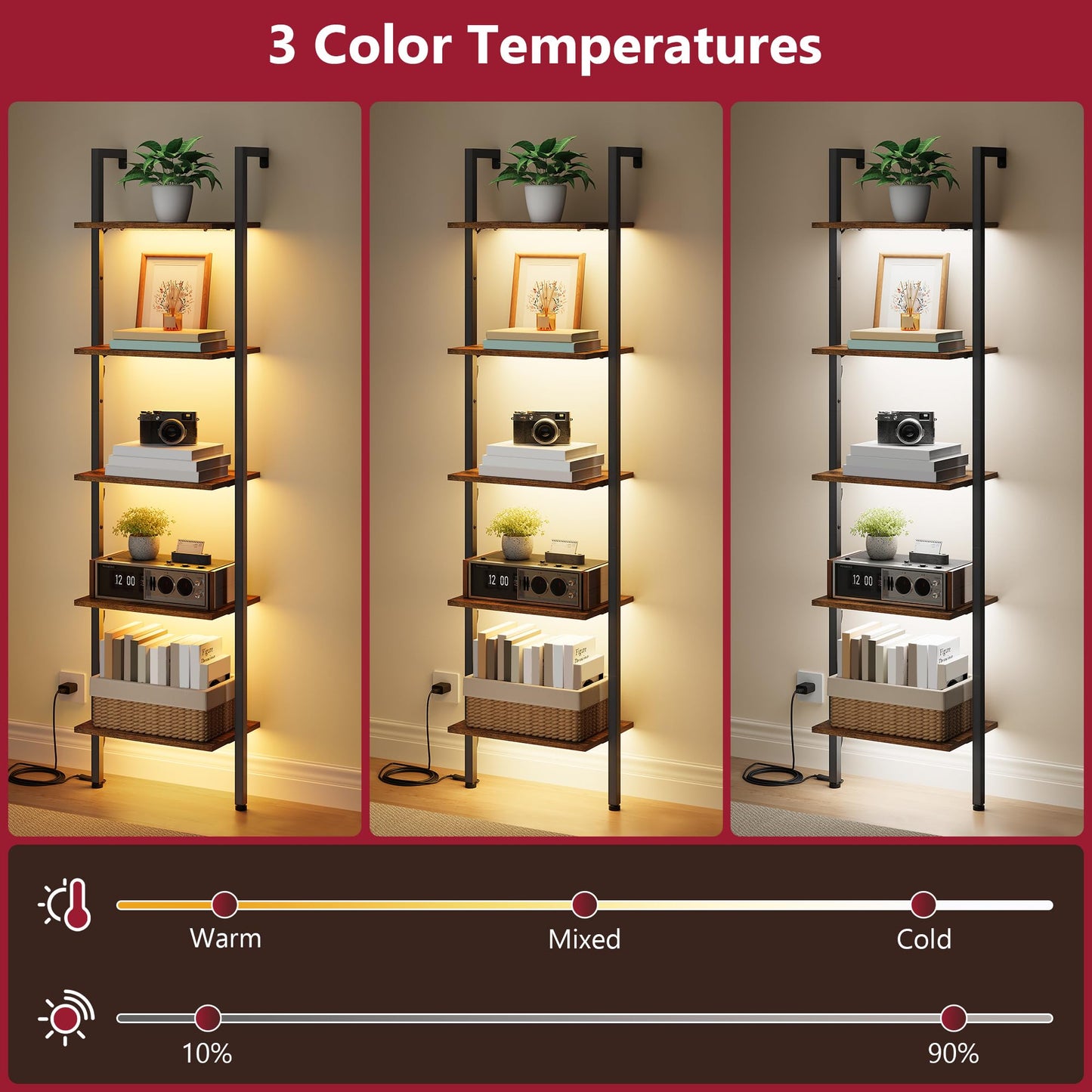Tajsoon 5-Tier Ladder Shelf with LED Light, Wall Mounted Ladder Bookshelf with Metal Frame, Wall Ladder Bookshelf for Living Room, Bedroom, Office, Rustic Brown