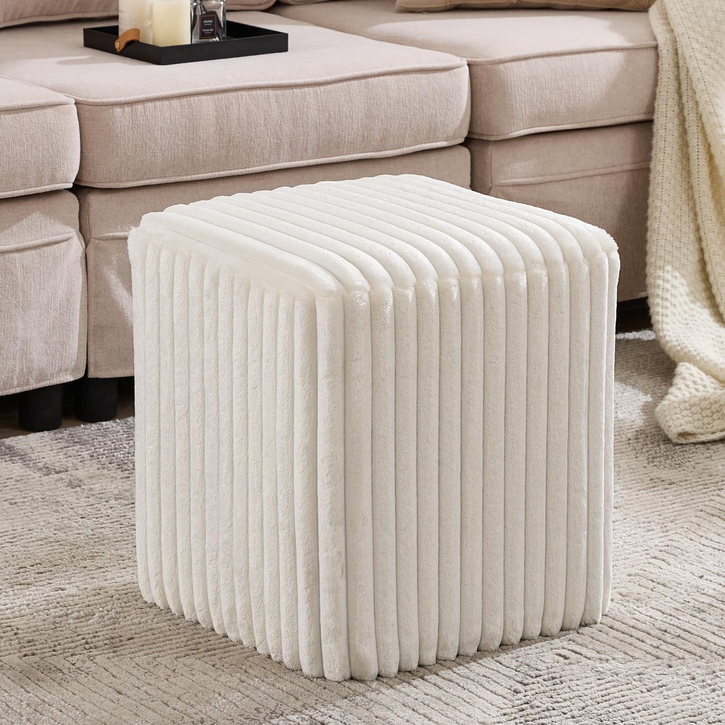 YDcosyfy Modern Square Ottoman, Vertical Channel Tufted Foot Stool Ottoman, Velvet Upholstered Vanity Stool for Makeup, Bedroom, Living Room, White