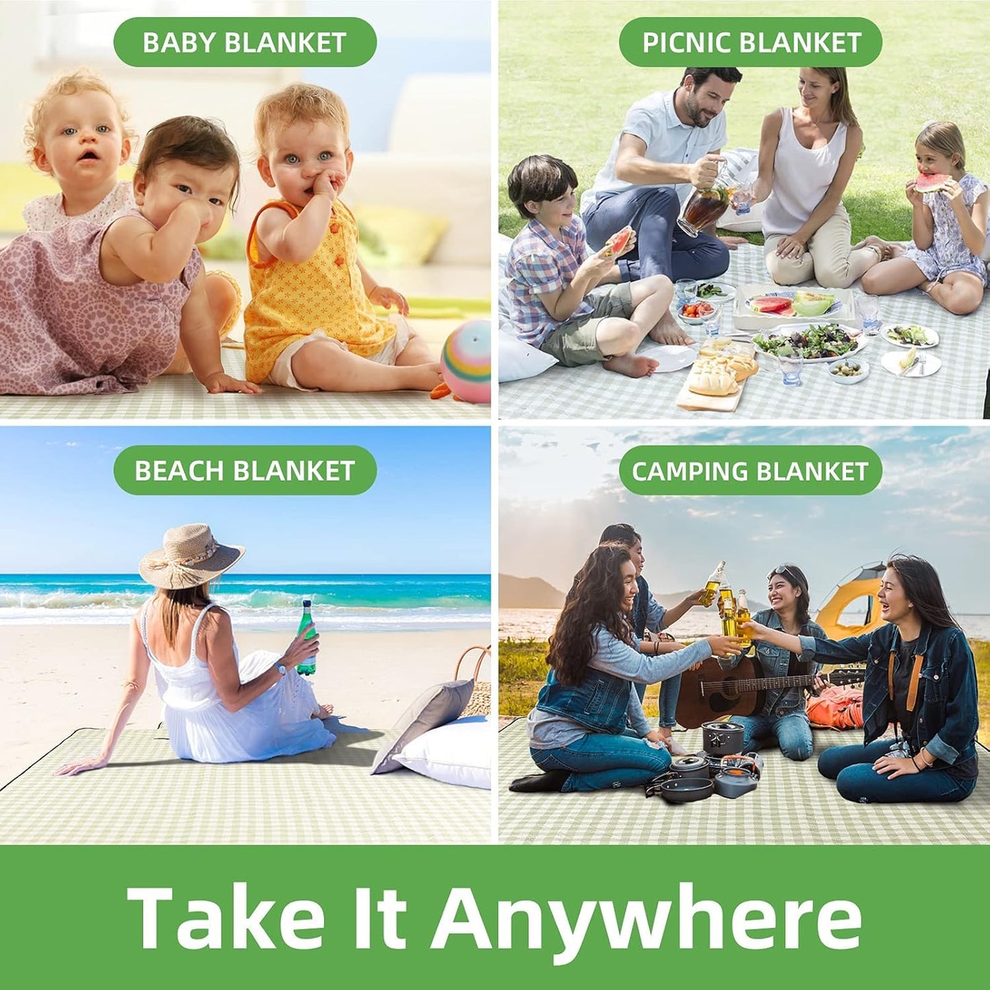 Zyntrytong 70"x 70" Picnic Blanket Extra Large,Layer Outdoor Blanket for 5 to 7 Adults,Camping Grass Lawn Park Accessories Cute Couple Gifts Ideas Wedding Registry for Camping, Park, Beach (Gray)