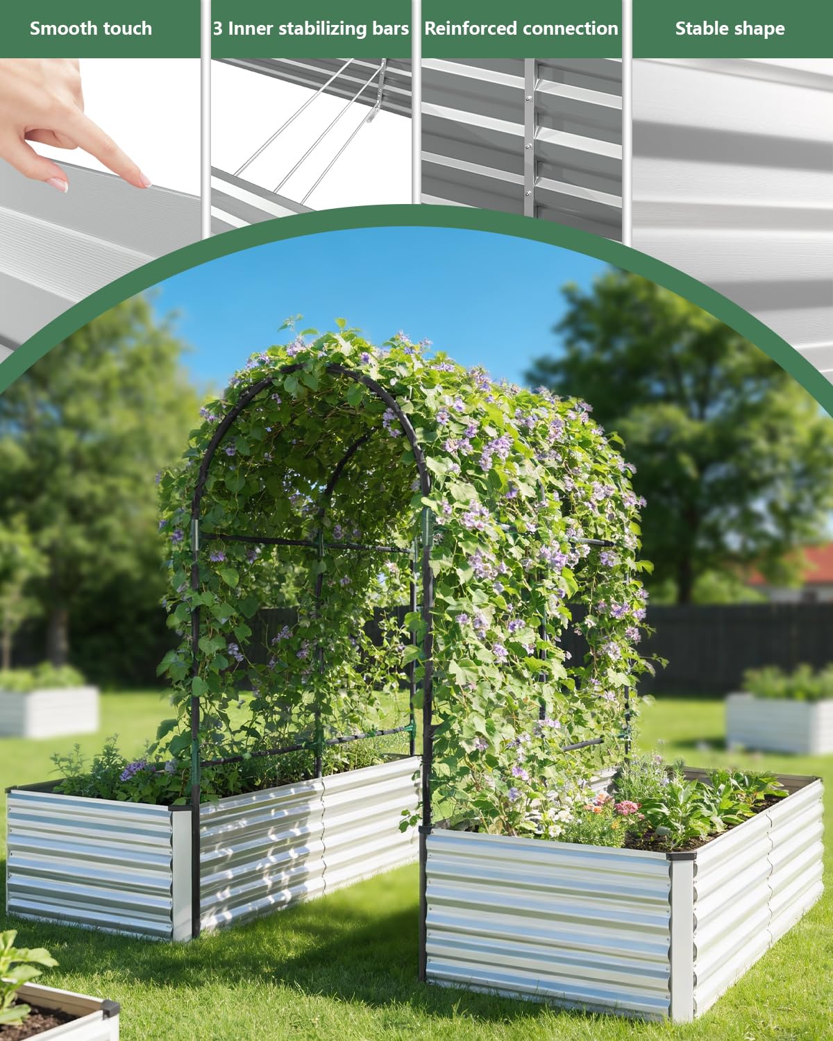 FOOWIN Raised Garden Bed with Arch Trellis for Climbing Plants,Galvanized Raised Garden Bed,Planter Boxes Outdoor for Vegetables Flowers Herb,478 Gallon Capacity Silver