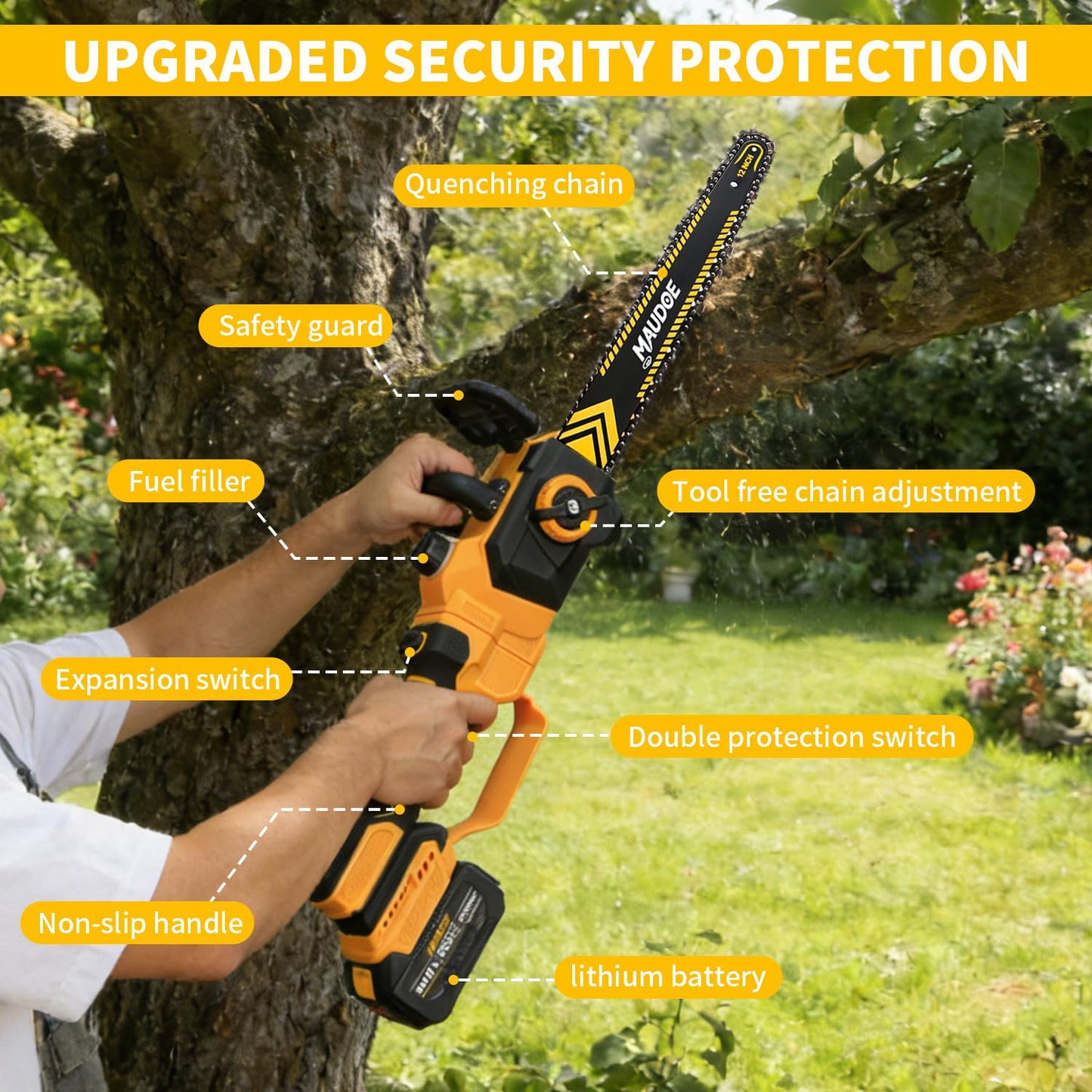 MAUDOE 12" Telescoping Codless Chainsaw, 2-in-1 Cordles Pole Saw with 2 x 4.0Ah Batteries, 21V Brushless ChainSaw with 2 Chains & 2 Guide Plates, Tool-Free Tension, for Tree Trimming & Branch Cutting