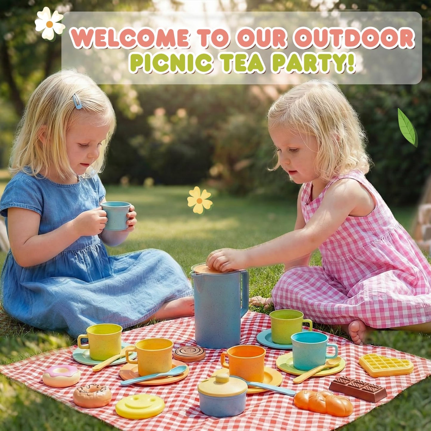 HERSITY Picnic Basket Toys for Toddlers, Kids Play Tea Sets with Teapot Tea Cup Dessert Food and Mat, Pretend Play Kitchen Accessories Tea Party Set Little Girl Boy 3 4 5 Years Old
