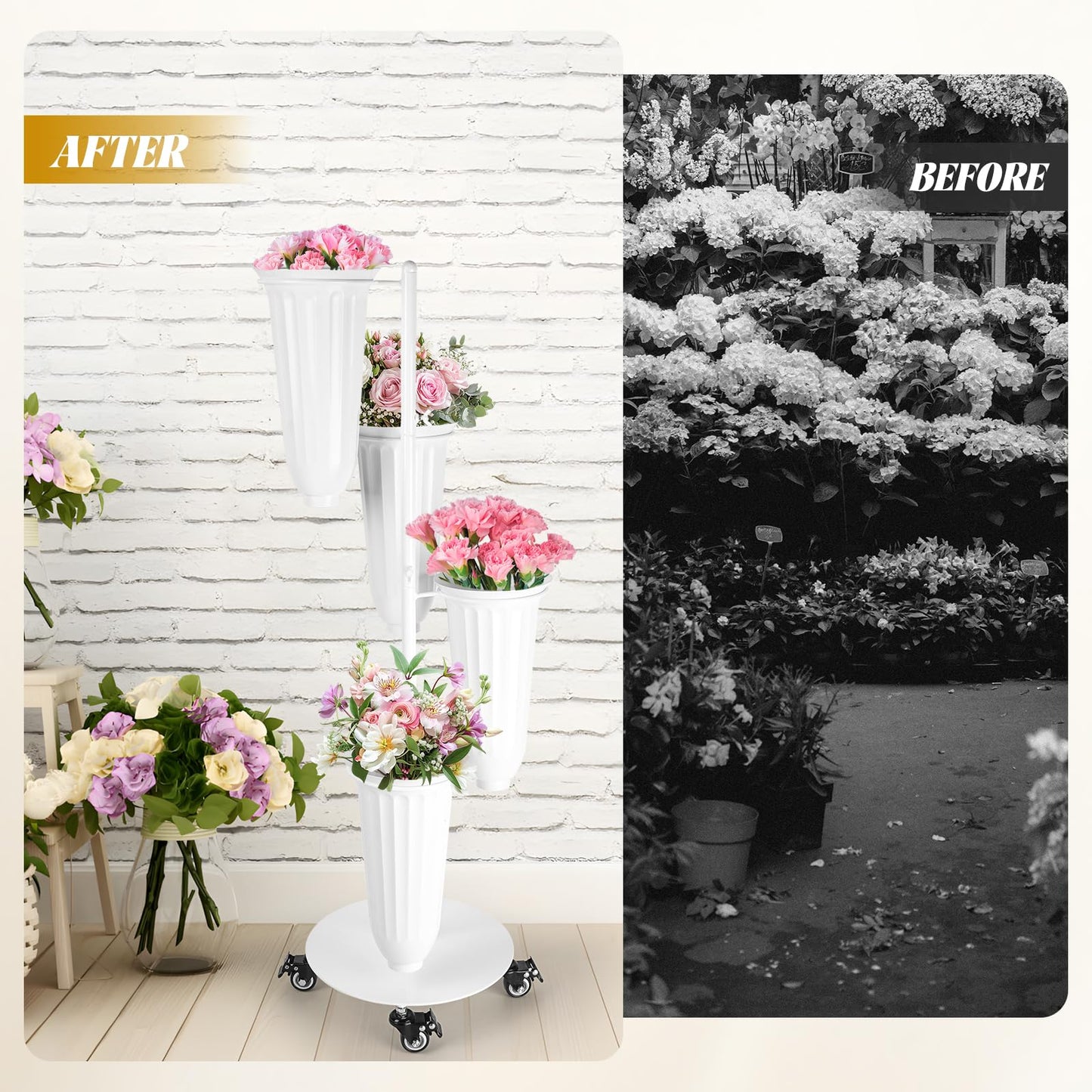 LEALIBAUSS Metal Flower Bar Stand With 4 Buckets Flower Cart Display Stand with Wheels Floral Bar for Wedding,Garden Events Party Decor (WHITE)
