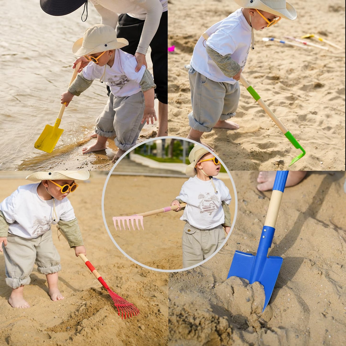 5 PCS 28" Detatchble Kids Gardening Tools, Metal Beach Digging Toys with Sturdy Wooden Handle, Safe Backyard Snow Sensory Playset Including Hoe, Tooth & Leaf Rakes, Flat & Pointed Shovels for Children