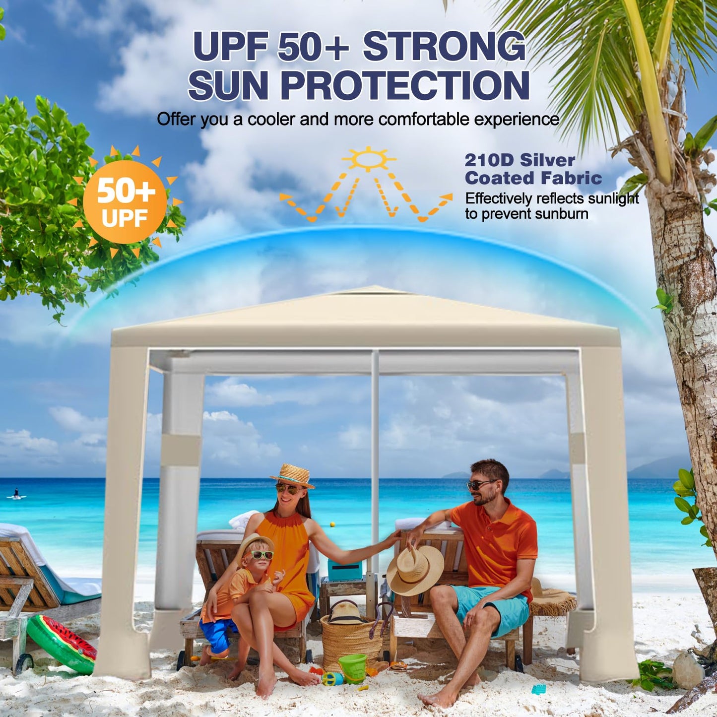 cepkquis Beach Tent,8'×8' Large Beach Canopy for 4-6 People,Easy Setup Beach Sun Shelter with UPF 50+ Protection,Adjustable Height & Wind Resistant Beach Cabana for Family,Party (Khaki - Solid)