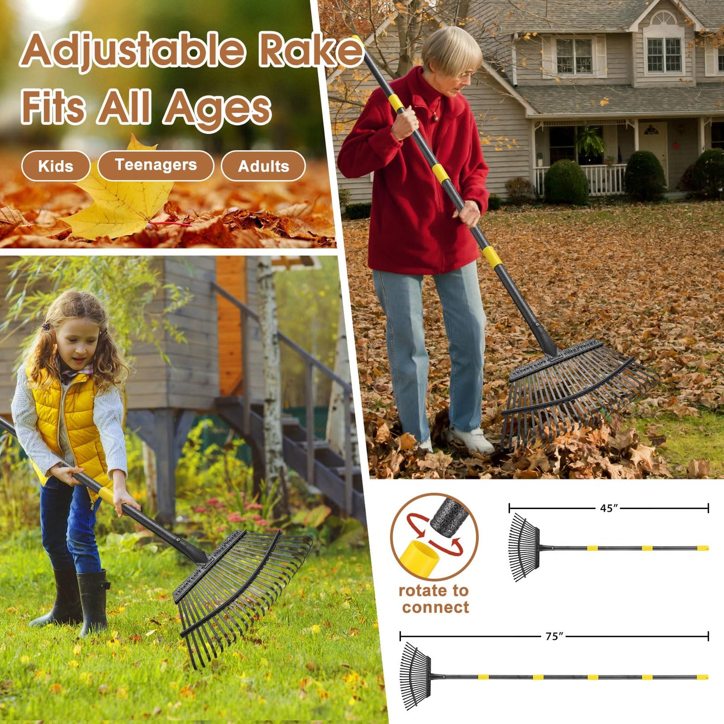 Leaf Rake 18” Wide Heavy Duty Metal 25 Tines Garden Rake Set with 30-75” Adjustable Long Handle for Yard Grass Shrub Mulch Including 32Gallon Garden Bag Leaf Scoops