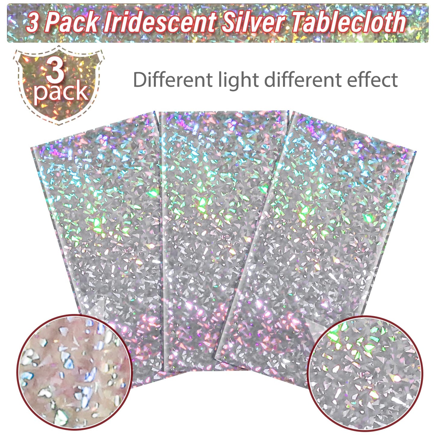 3 Pack New Iridescent Silver Tablecloth Party Decorations, Holographic Silver Glitter Plastic Tablecloth, Disposable Laser Rectangle Table Cover for Disco Birthday 70s Theme Party Decorations, 54x108"