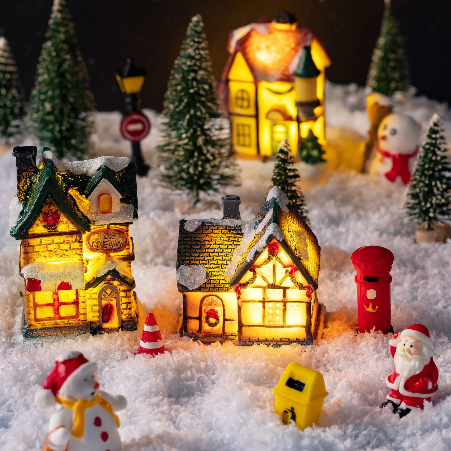 Vinsot 30 Pcs Christmas Village Sets Light Up Christmas Town LED Tiny Resin Village Figurines Collection Display Xmas Table Decor Ornaments