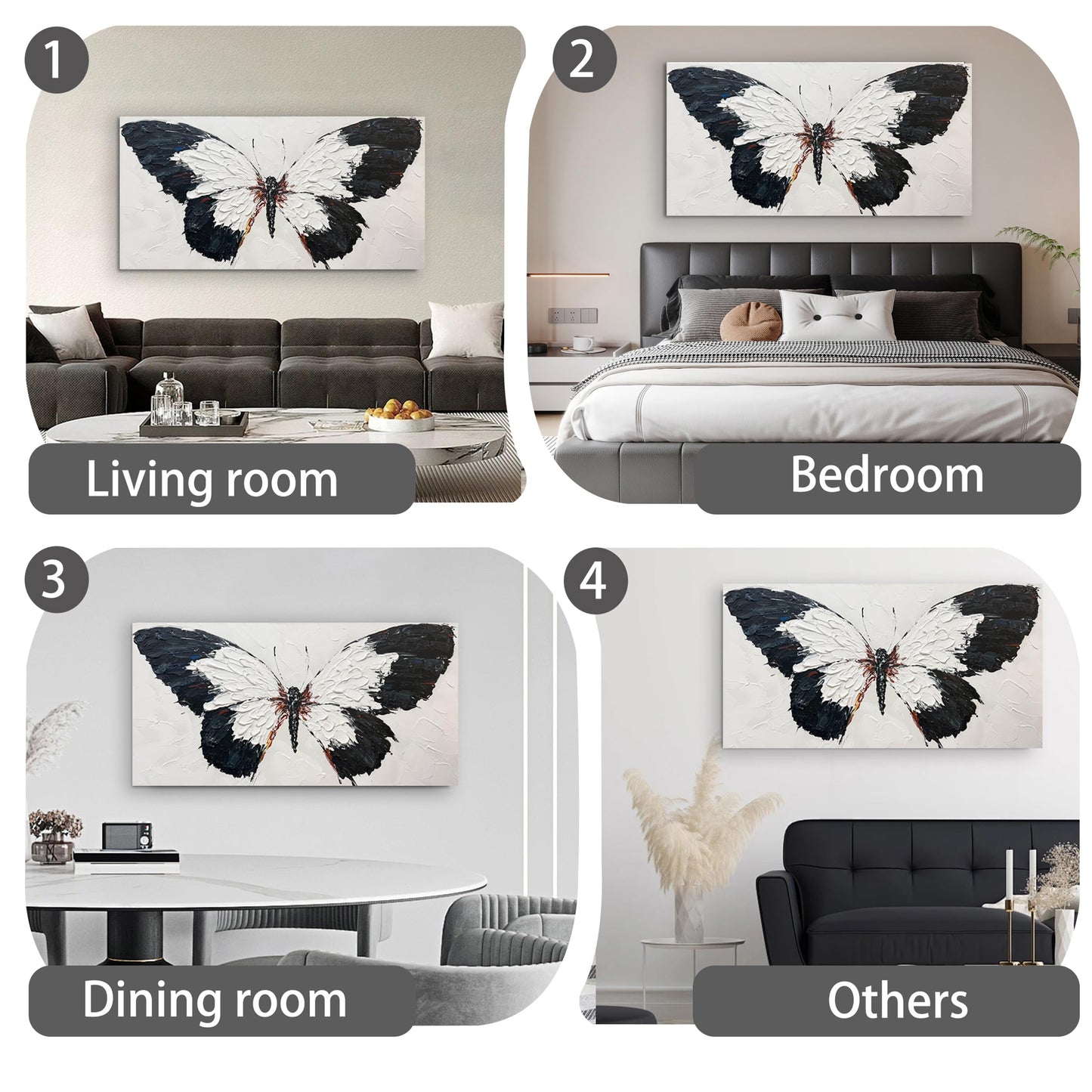 Tarfupth Black and White Butterfly Wall Art for Living Room Hand Painted Butterfly Oil Painting Texture Pictures Large Artwork for Bedroom Office Kitchen Room Aesthetic Decoration 20"x40"