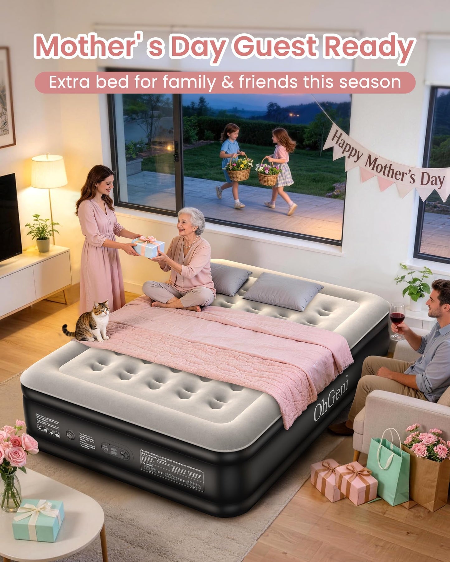 OhGeni Queen Air Mattress with Built in Pump, Ideal Alternative to a Bed, Inflatable Blow Up Mattress 18 Raised Comfort, Portable Bed for Home, Camping, Colchone Inflable, Gift for Mom, 1-Pack Only