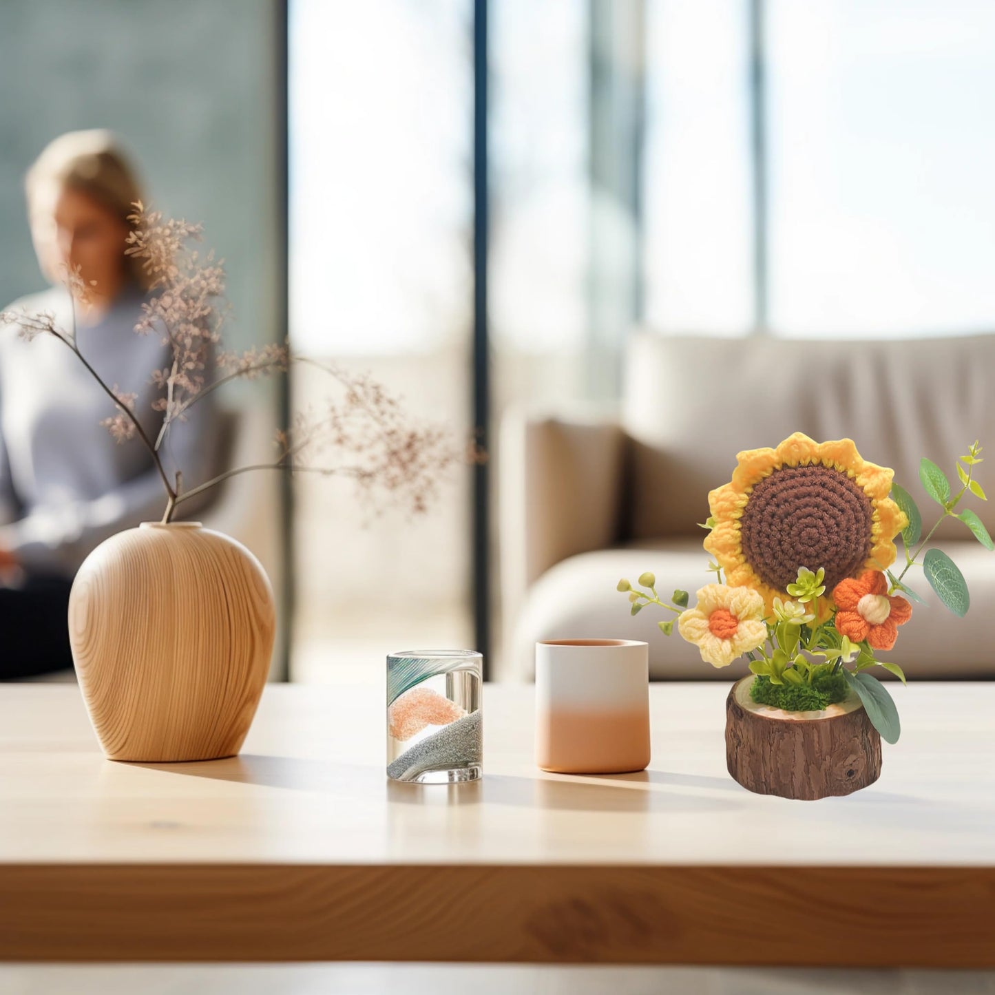 Tileafry Handmade Crochet Knitted Sunflower Bouquet Creative Knitted Potted Plant Mini Cute Home Desktop Decorations and Gifts for Friends, Lovers, Classmates
