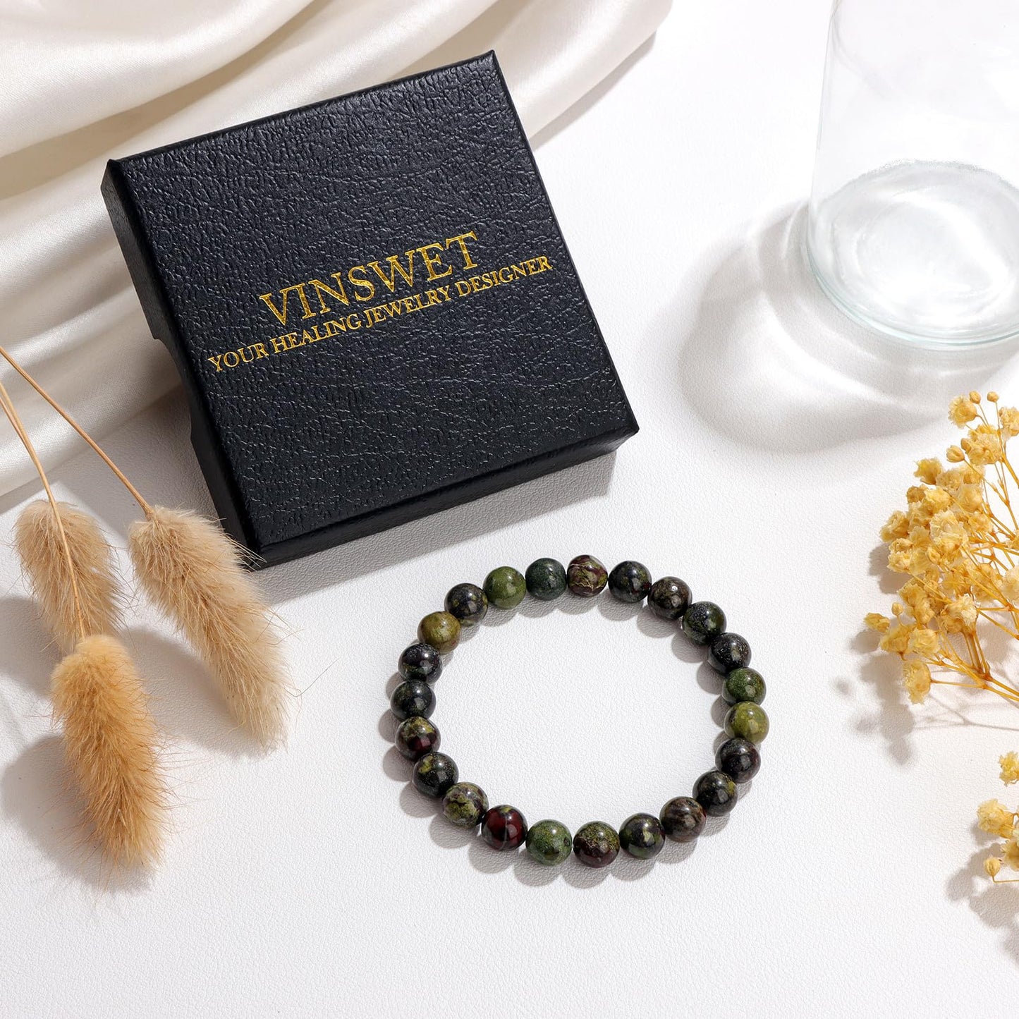 Vinswet Healing Crystal Bracelets for Women Men 8mm Dragon Bloodstone Natural Stone Beaded Stretch Bracelet Handmade Gemstone Reiki Spiritual Jewelry Gifts