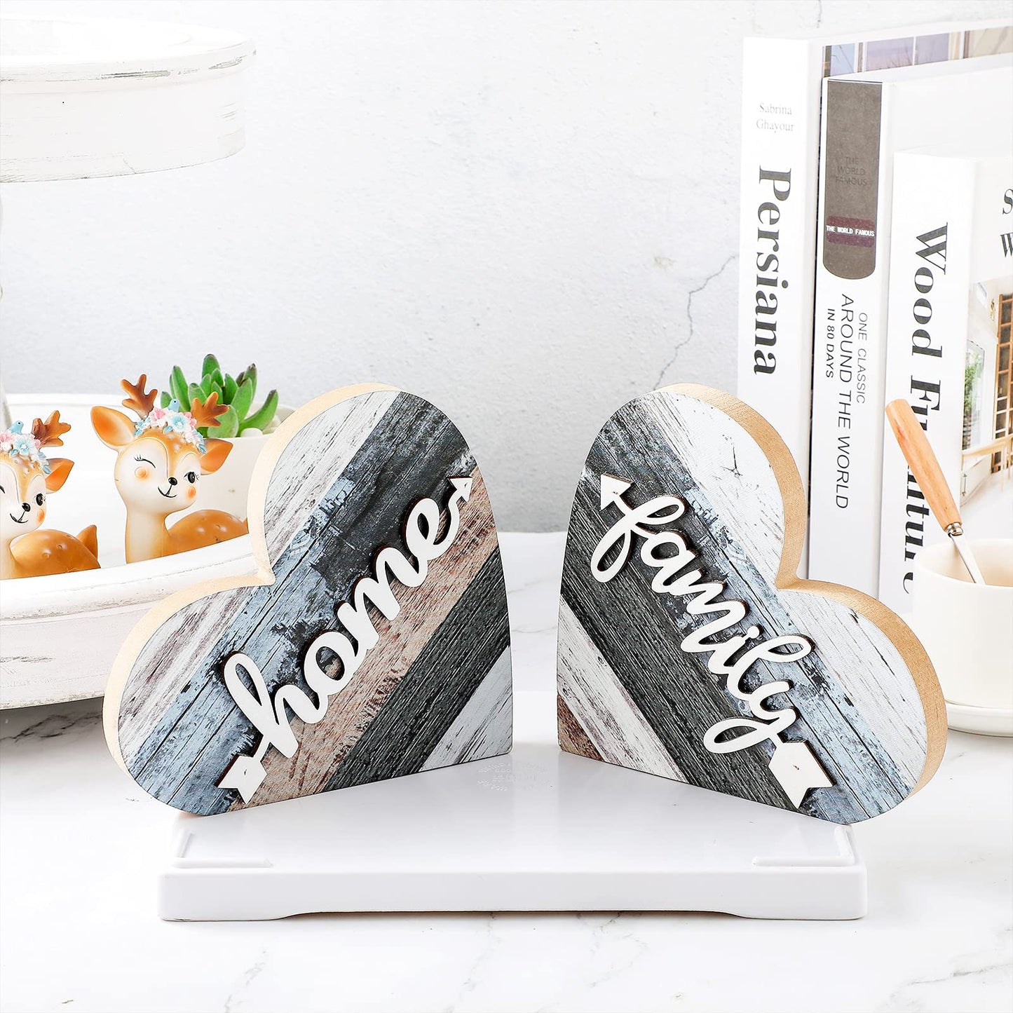 Jetec 2 Pcs Rustic Wooden Heart Table Decor, Daisy Farmhouse Home Decor, Bless This Home & Be Kind Sign for Living Room, Dining Room, Shelf & Mantel, Ideal Housewarming & Birthday Gift(Simple Style)