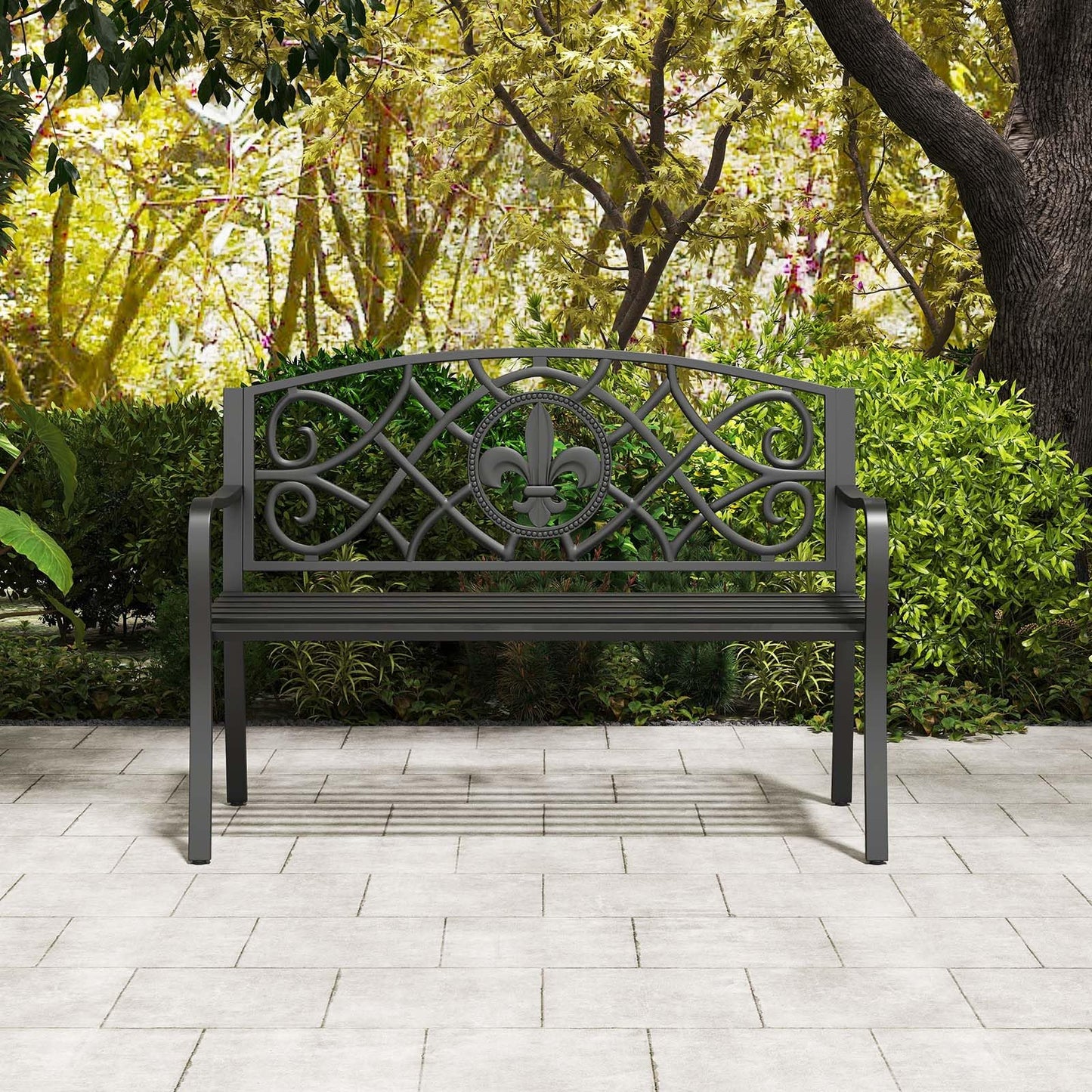 Giantex 50.5” Outdoor Bench with Metal Frame, Floral Design Cast Iron Backrest, Slatted Seat, Adjustable Foot Pads, Load 660Lbs, Garden Bench for Outside Patio Backyard Porch Park, Black