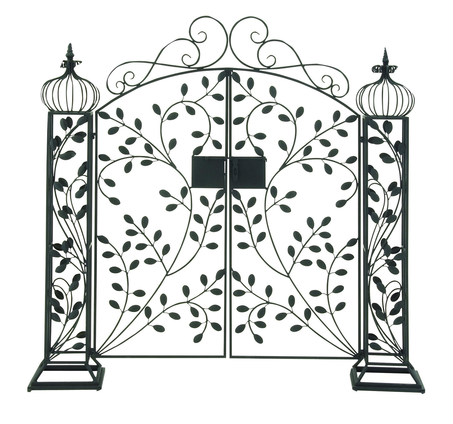 Deco 79 Metal Indoor Outdoor Scrollwork Arched Gate Garden Arbor with Vines and Latch Lock Closure, 70" x 15" x 65", Black