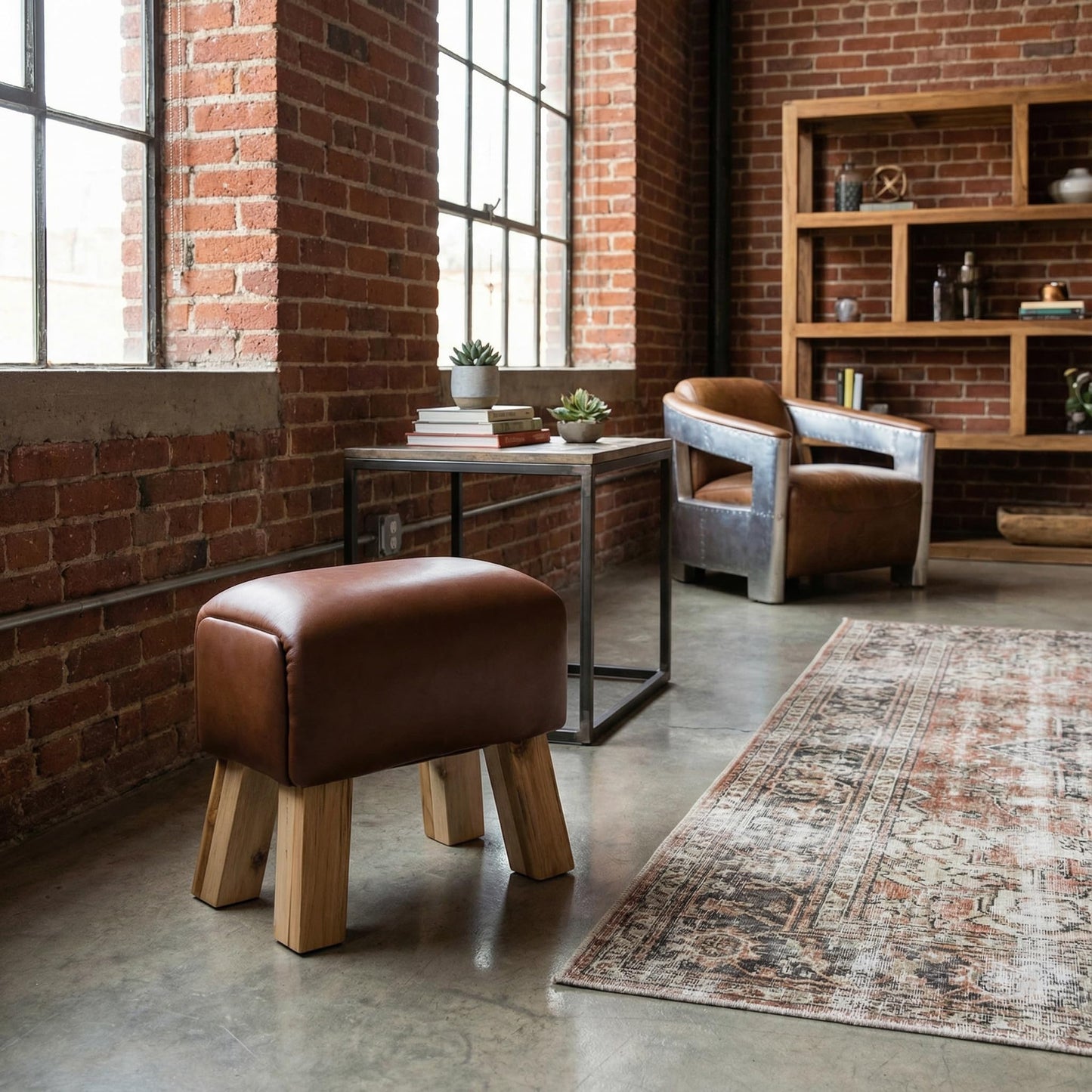 Bare Decor Gorgie Accent Stool in Brown Genuine Leather with Teak Legs Small
