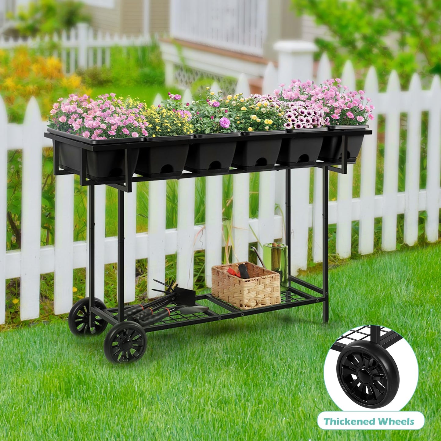YBING Raised Garden Bed Outdoor with Wheels 42x17x29in Elevated Planter Box with Legs and Storage Shelf 6 Pocket Herb Garden Planter for Balcony Patio Deck Black